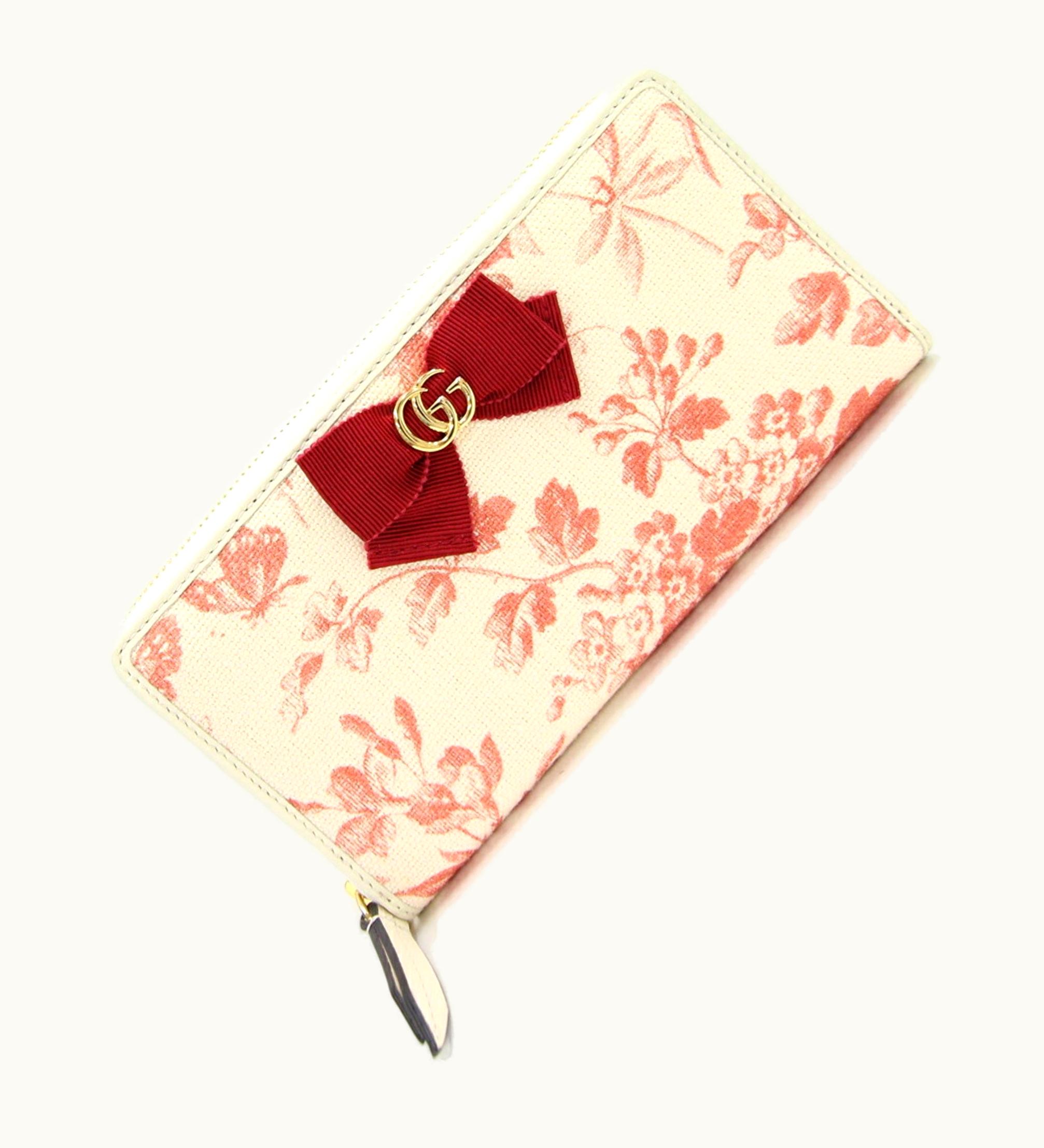 Gucci Gucci Round Long Wallet GG Marmont Herbarium Zip Around 435819 White Red Canvas Leather Ribbon Women's