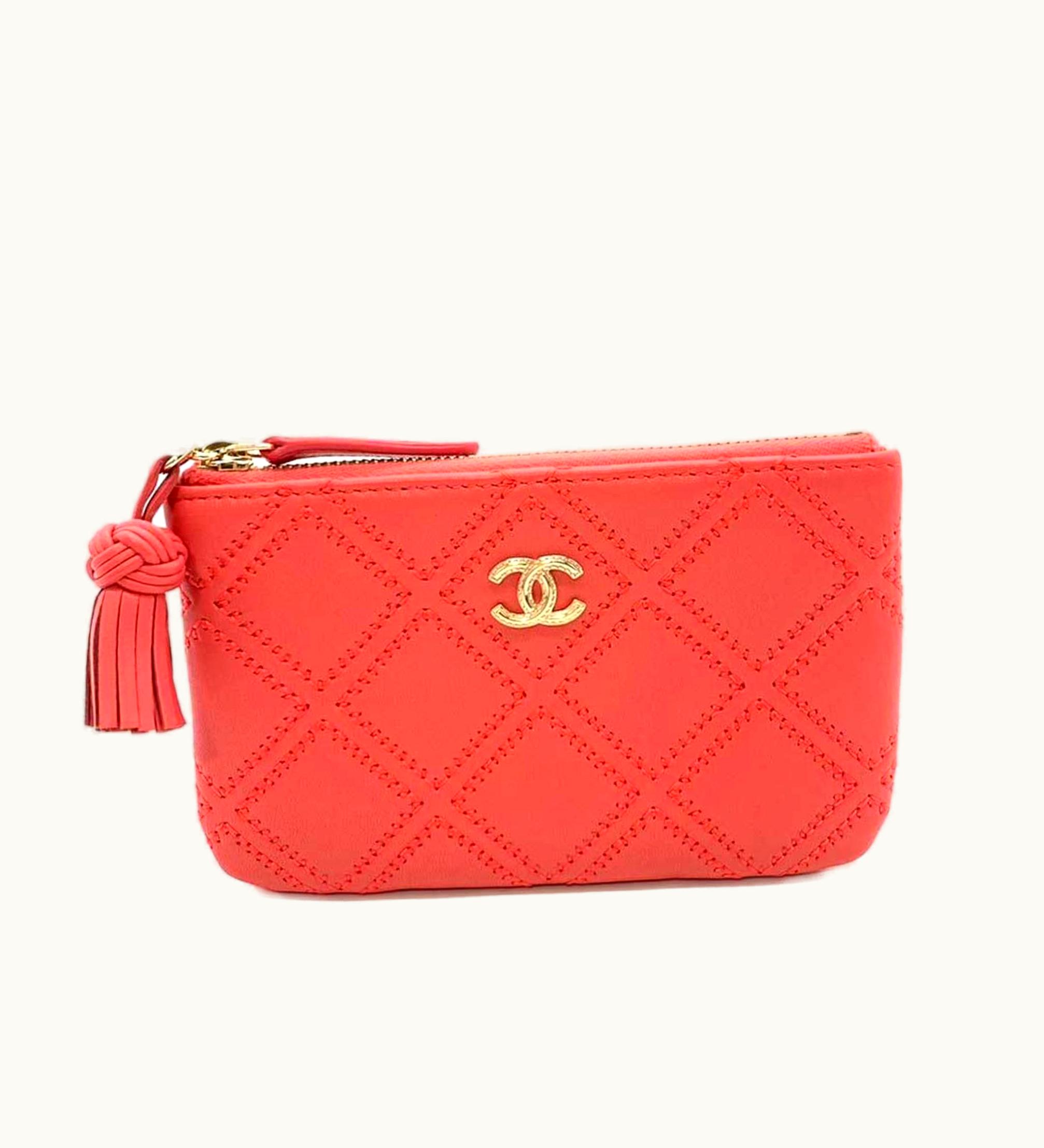 Chanel Chanel Accessories Pouch Pink Champagne Multi Case Flat Square Matelasse Double Stitch Coco Mark Tassel Ladies Lambskin Leather