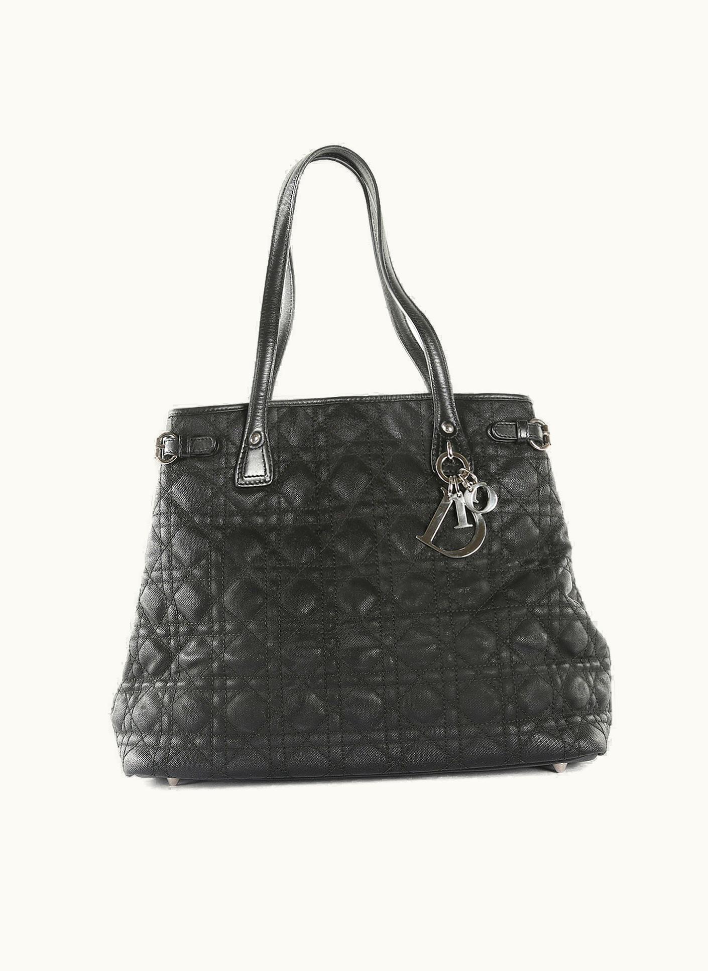 Dior Dior Christian Dior Black Coated Canvas Cannage Panarea Medium Tote Bag