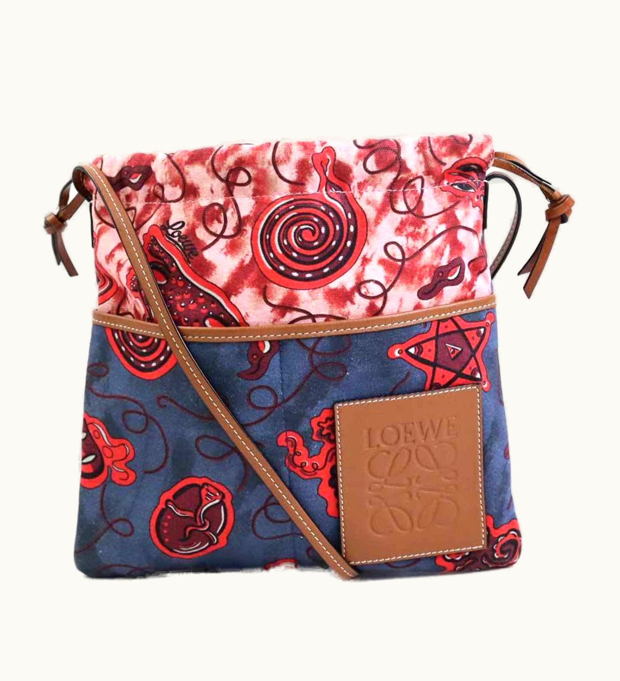 Loewe Loewe Diagonal Shoulder Bag Paulus Mold Low String Pouch Cotton/Leather Blue X Red Brown Women's