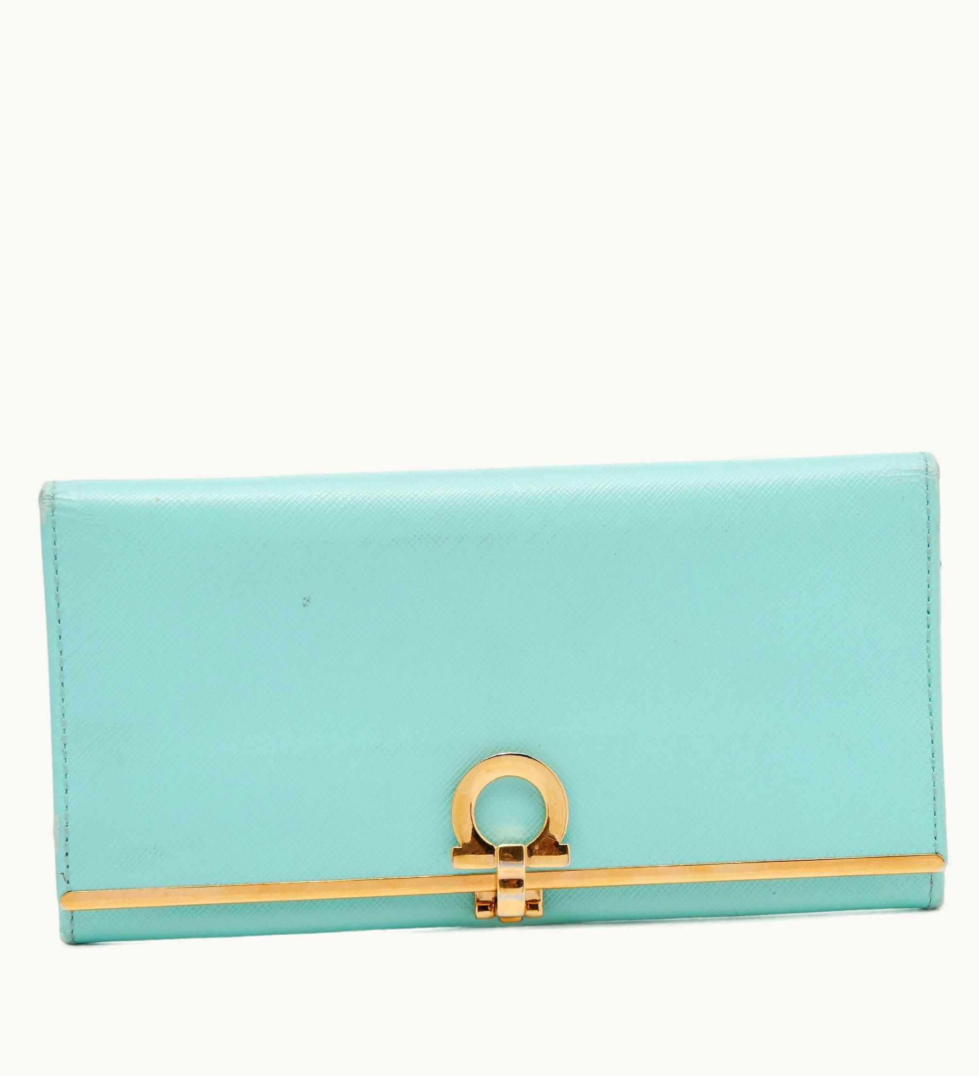 Salvatore Ferragamo Aqua Green Leather Gancini Icona Continental Wallet