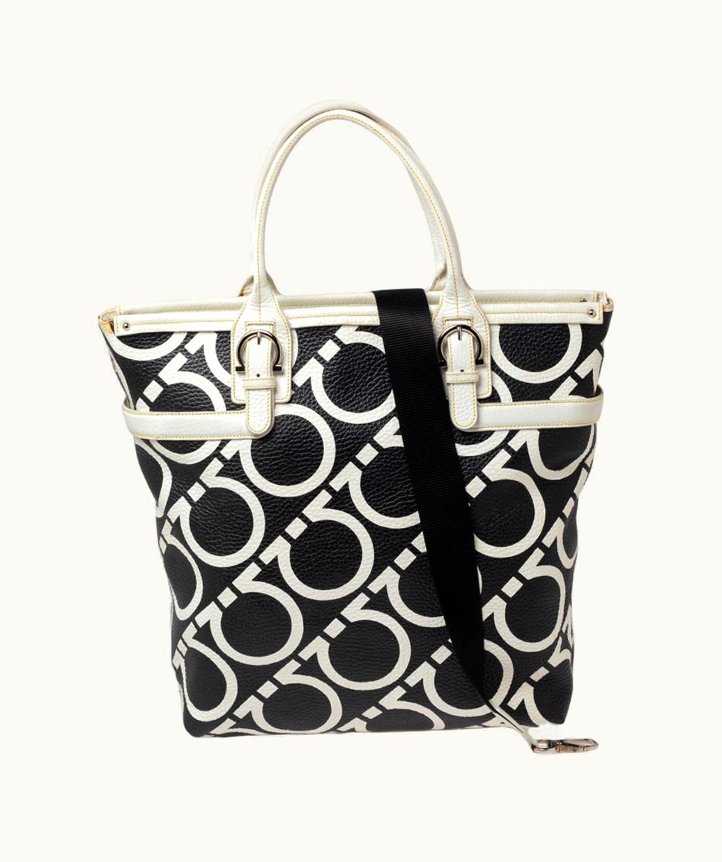 Salvatore Ferragamo Black/White Gancini Print Leather Tote