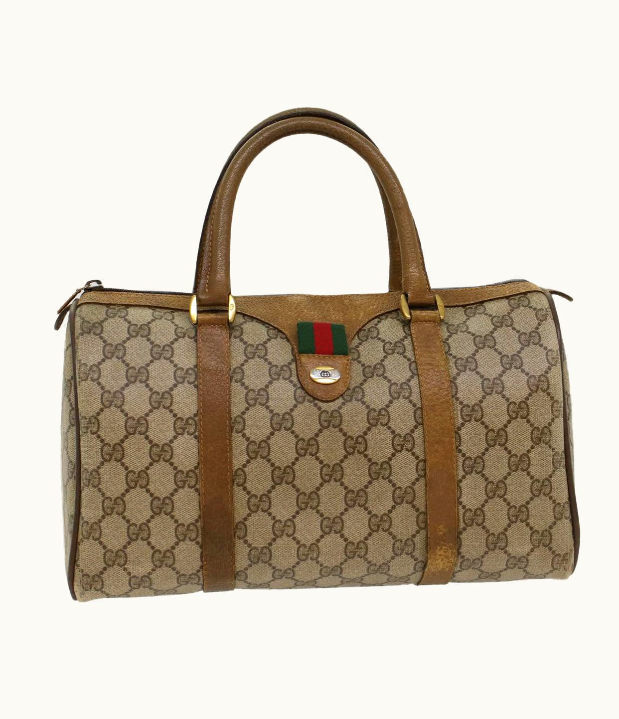 Gucci Gucci GG Canvas Web Sherry Line Boston Bag Pvc Leather Beige Green