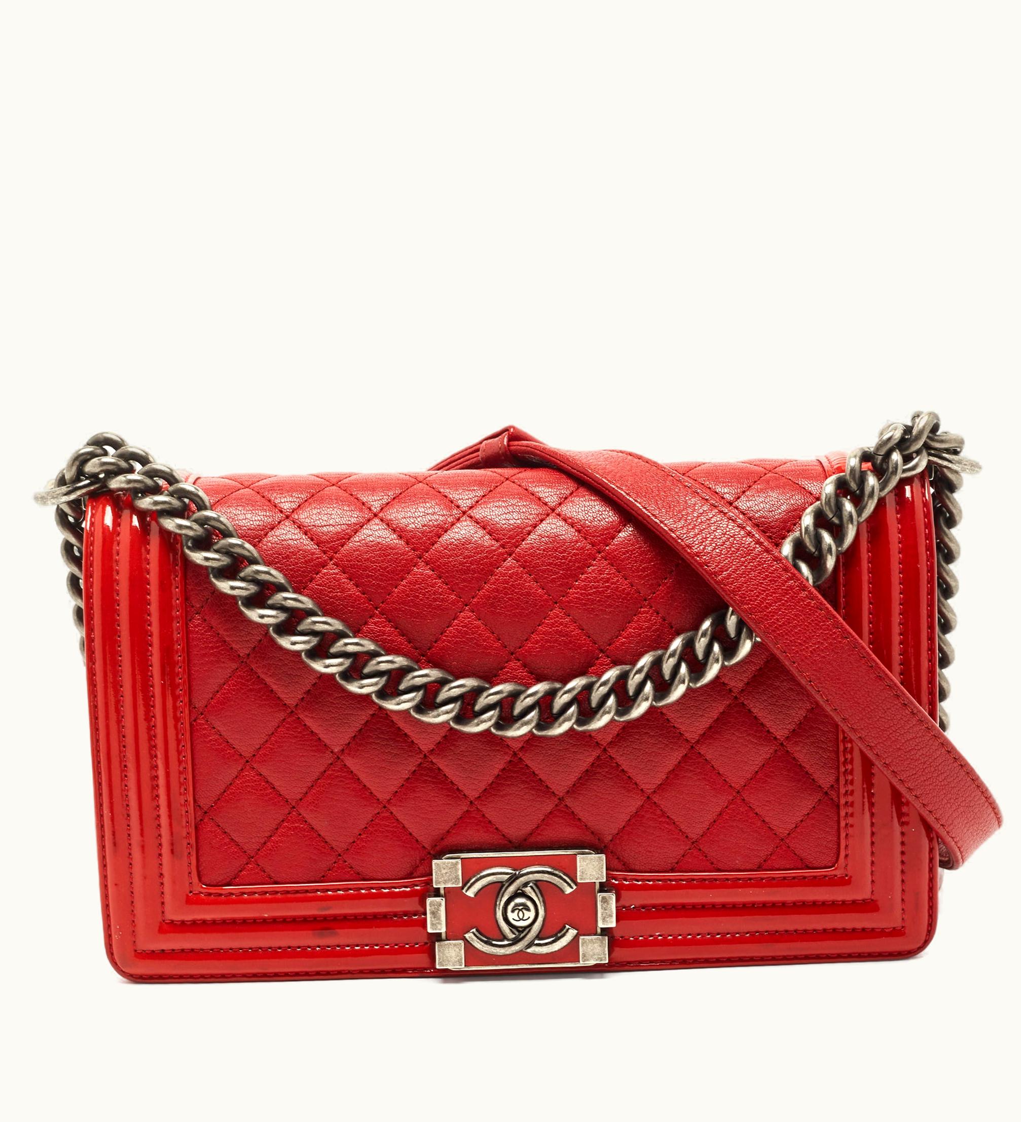 Chanel Chanel Red Quilted Leather And Patent Medium Boy Flap Bag