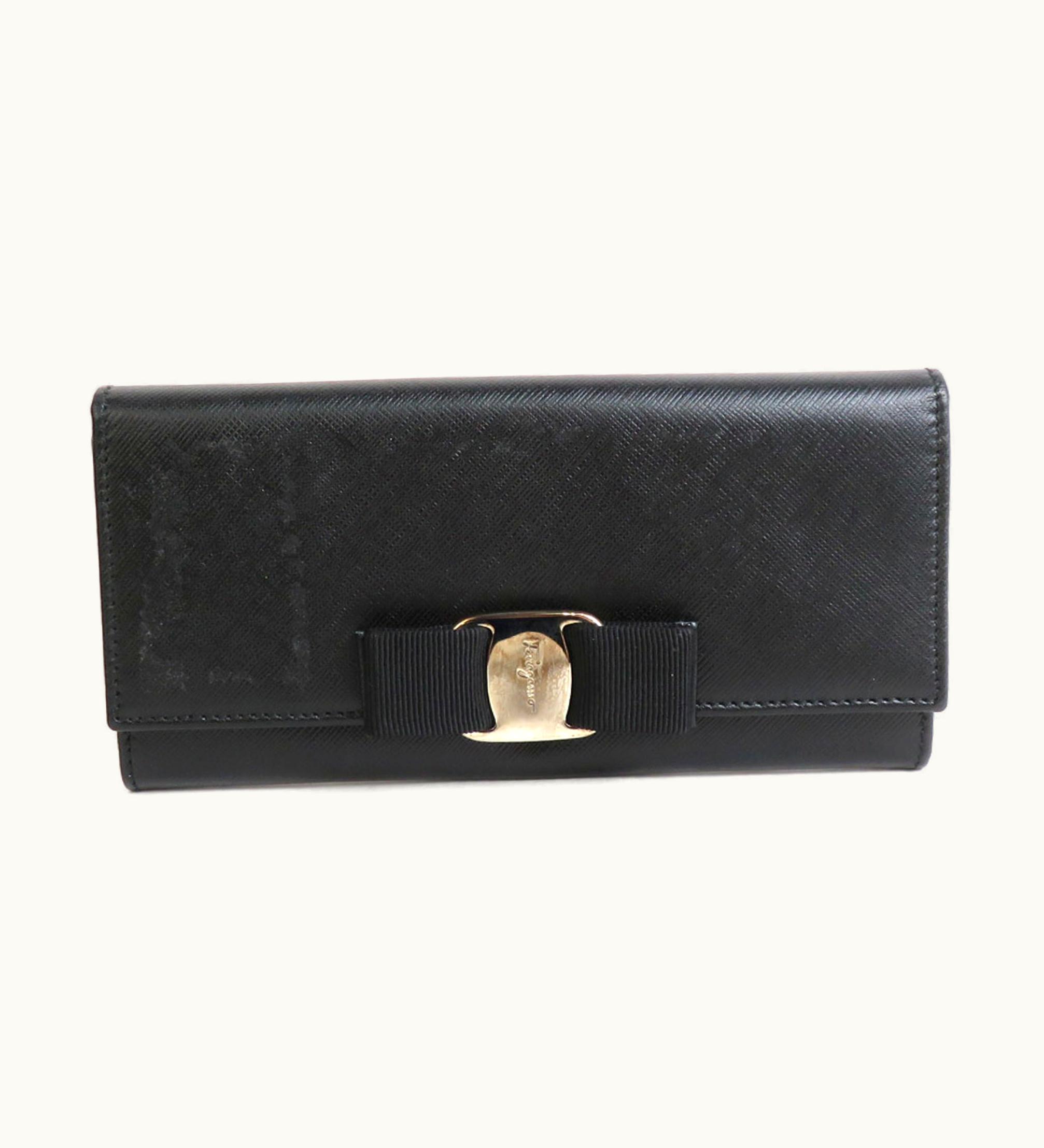 Salvatore Ferragamo Bifold Long Wallet Vara Ribbon Leather/Metal Black/Silver Ladies