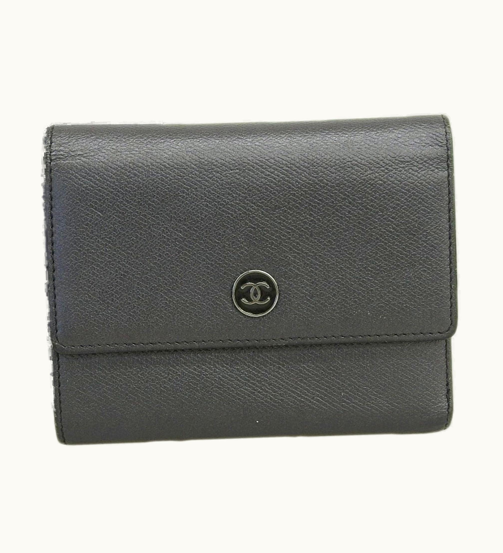Chanel Chanel Here Mark Logo Button Tri-Fold Wallet Leather Black With Seal 10 Series