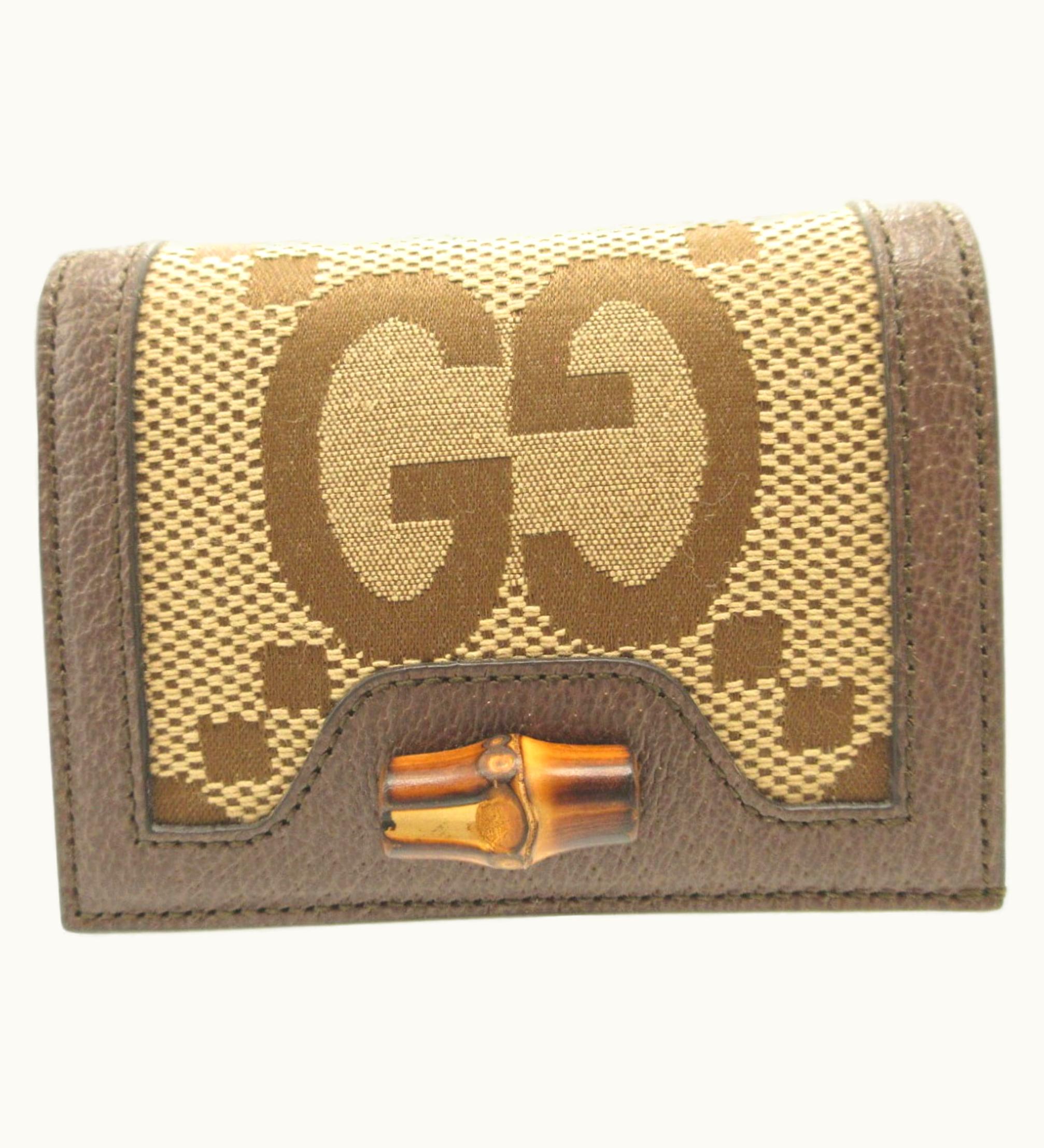 Gucci Gucci 658244 Jumbo GG Bamboo Canvas Leather Brown Bifold Wallet 0153