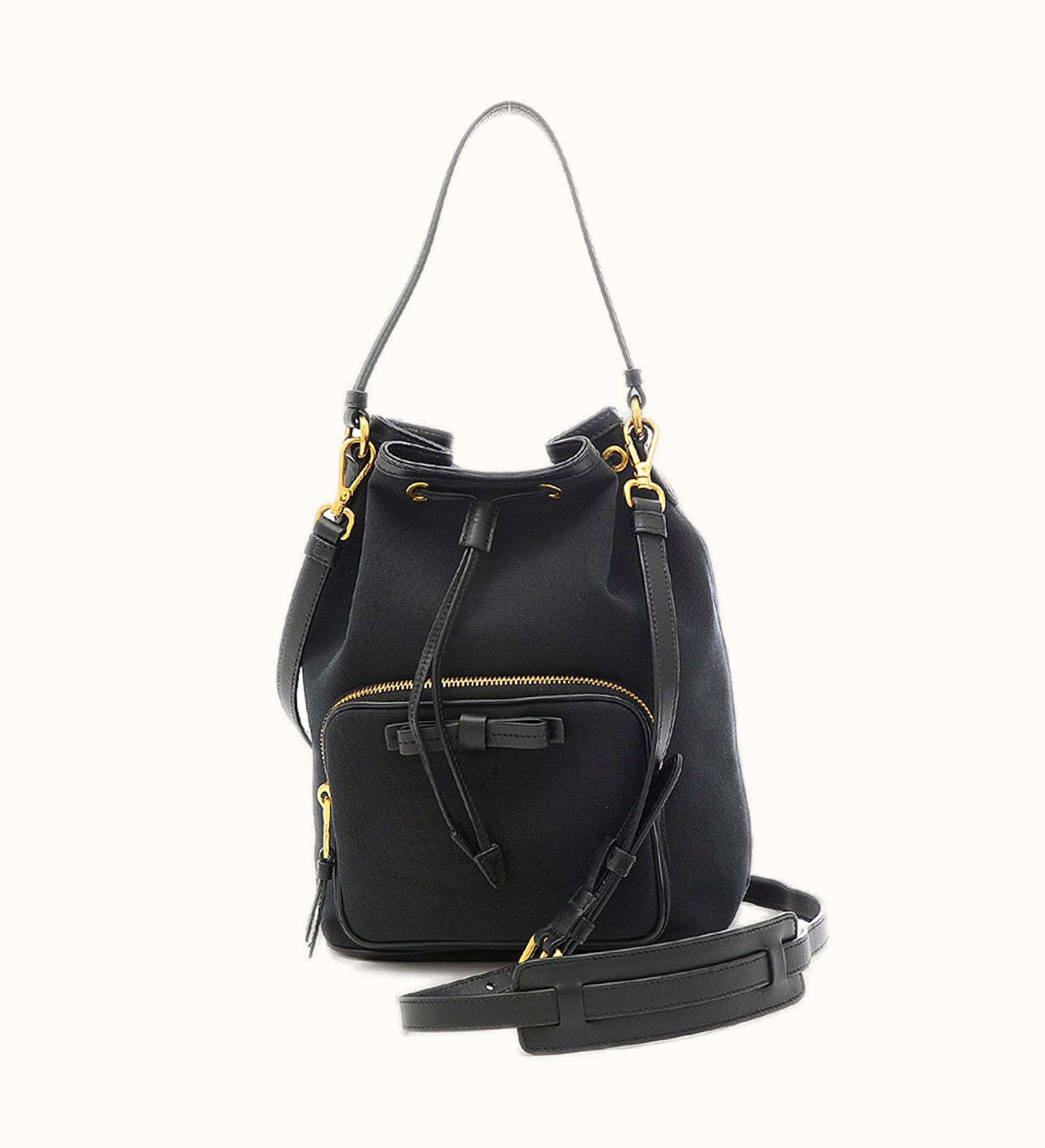 Prada Prada Logo Jacquard Drawstring 2Way Shoulder Ribbon Canvas Black 1Bh097