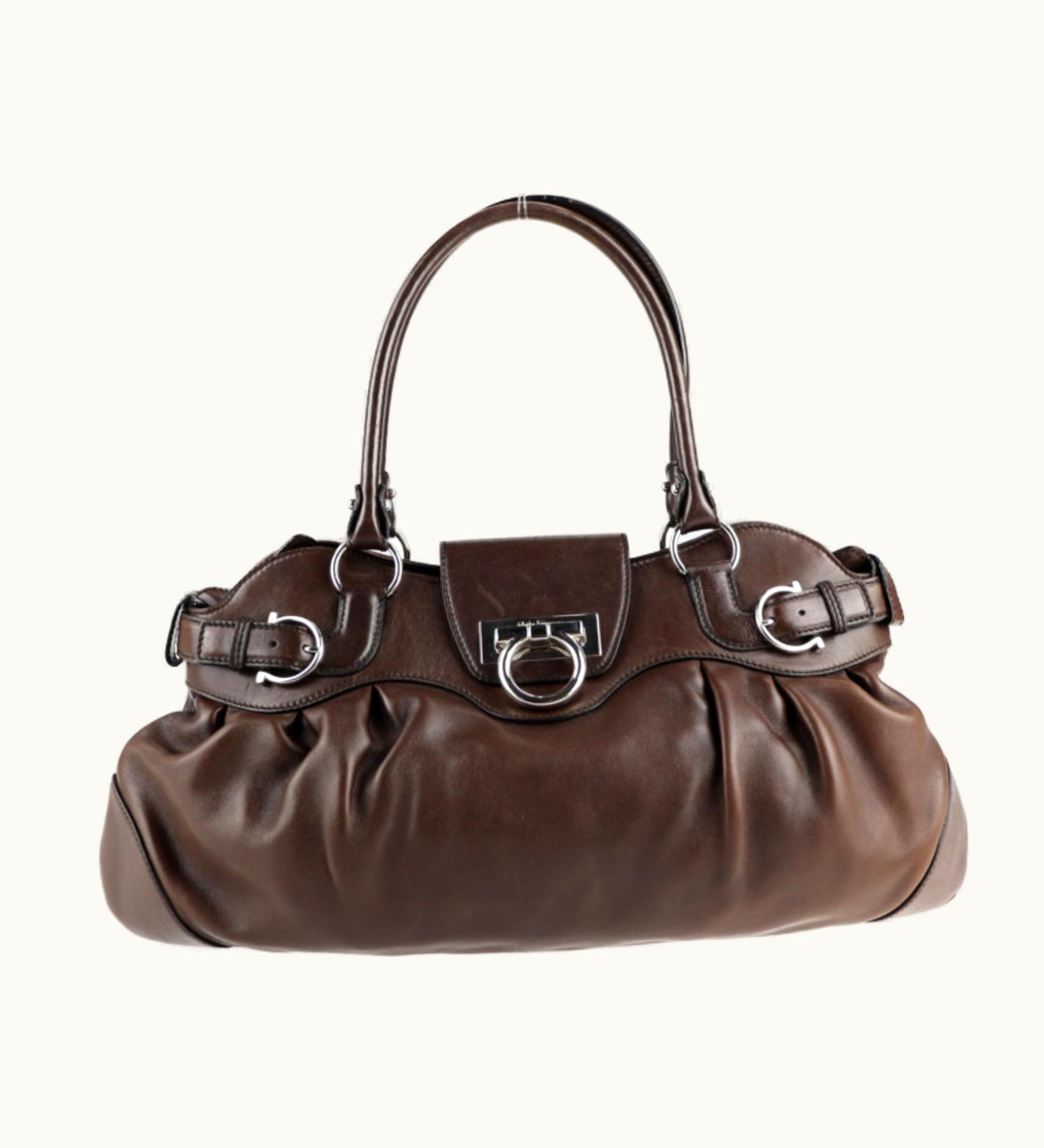 Salvatore Ferragamo Marissa Gancini Handbag Ab-21 5370 Leather Brown Silver Hardware Semi-Shoulder