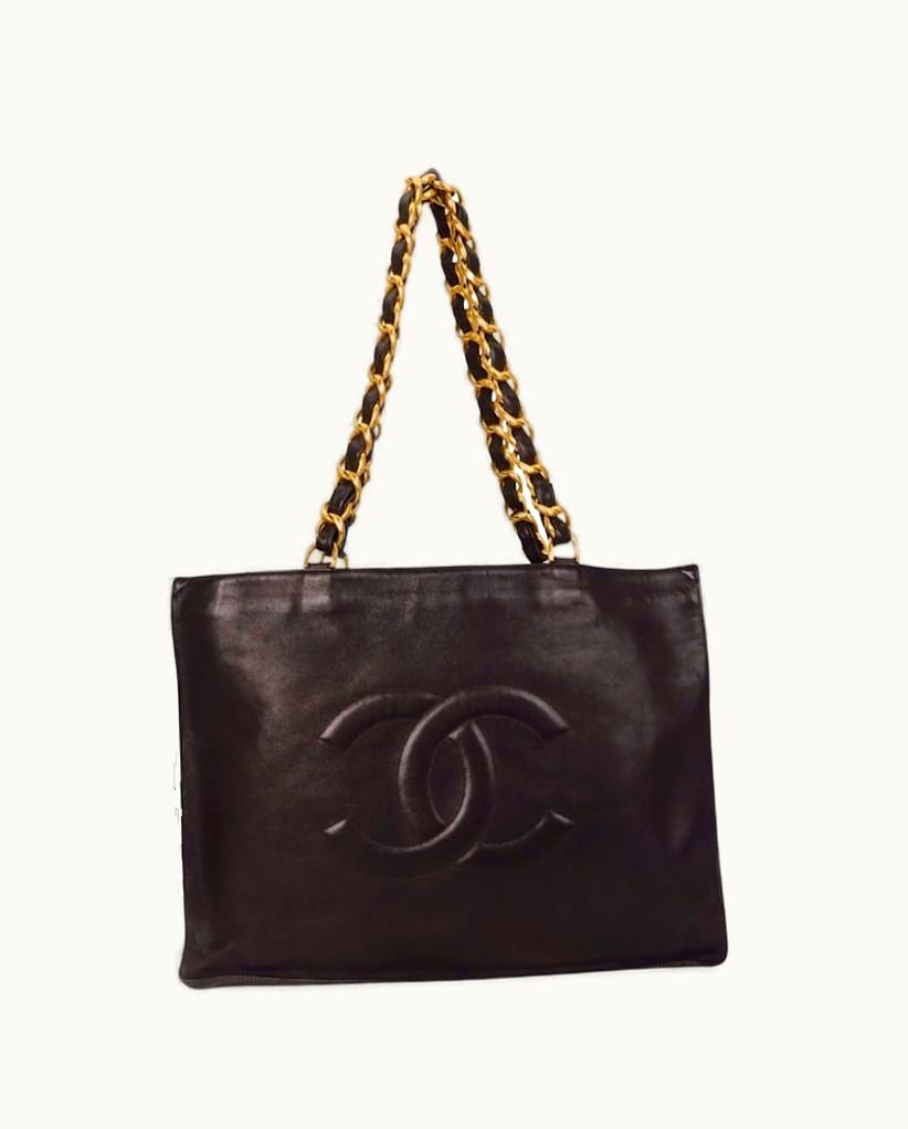 Chanel Chanel Vintage Black Calfskin Large Golden Chain Large Shoulder Bag With CC Stitch Mark