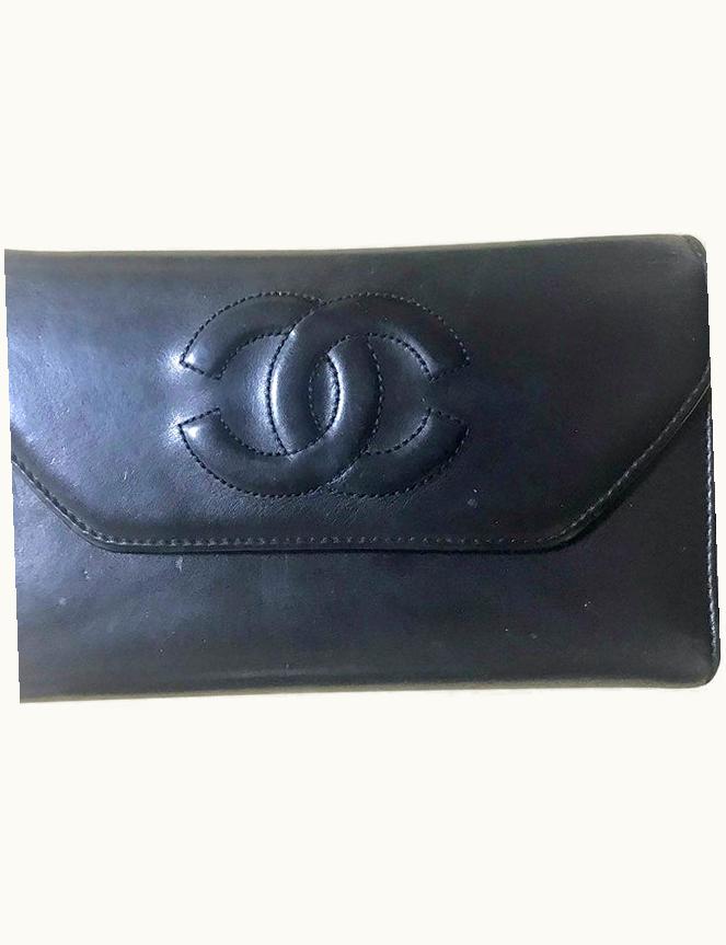 Chanel Chanel Vintage Black Leather Wallet With Large CC Stitch Mark