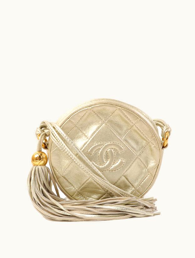 Chanel Chanel Around 1990 Made Round CC Mark Stitch Fringe Shouder Bag Gold