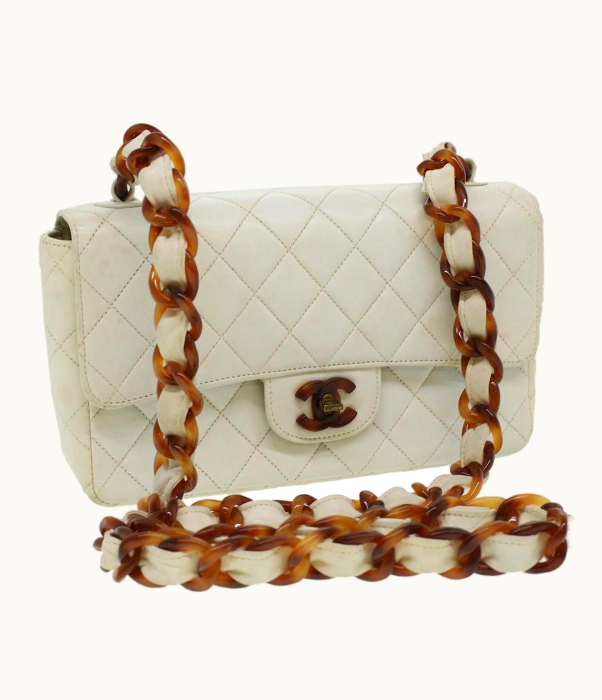 Chanel Chanel Matelasse Turn Lock Shoulder Bag Lamb Skin Brown White CC