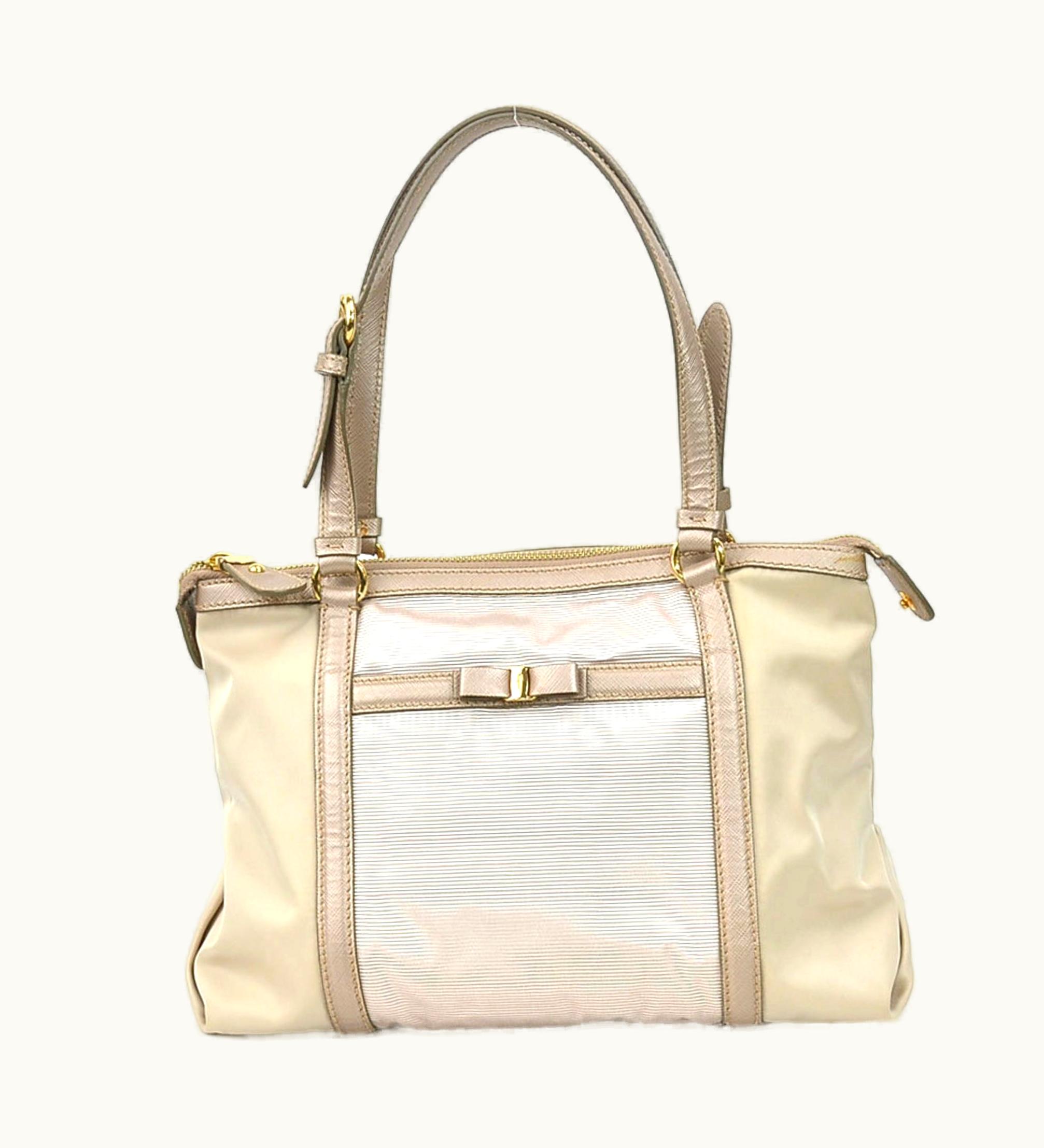 Salvatore Ferragamo Shoulder Bag Vara Ribbon Nylon/Leather Beige Women's