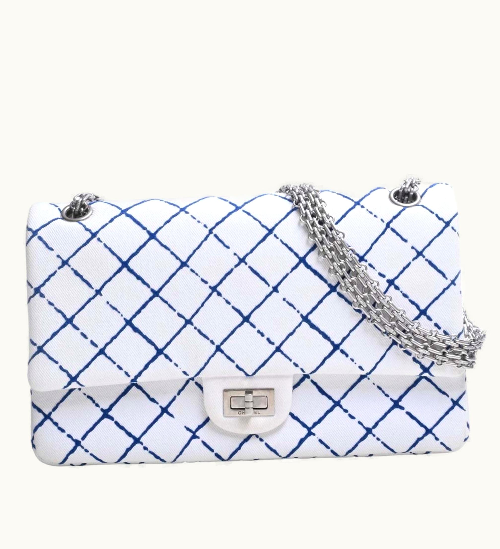 Chanel Chanel Canvas 2.55 W Flap Chain Shoulder Bag White/Blue Ladies