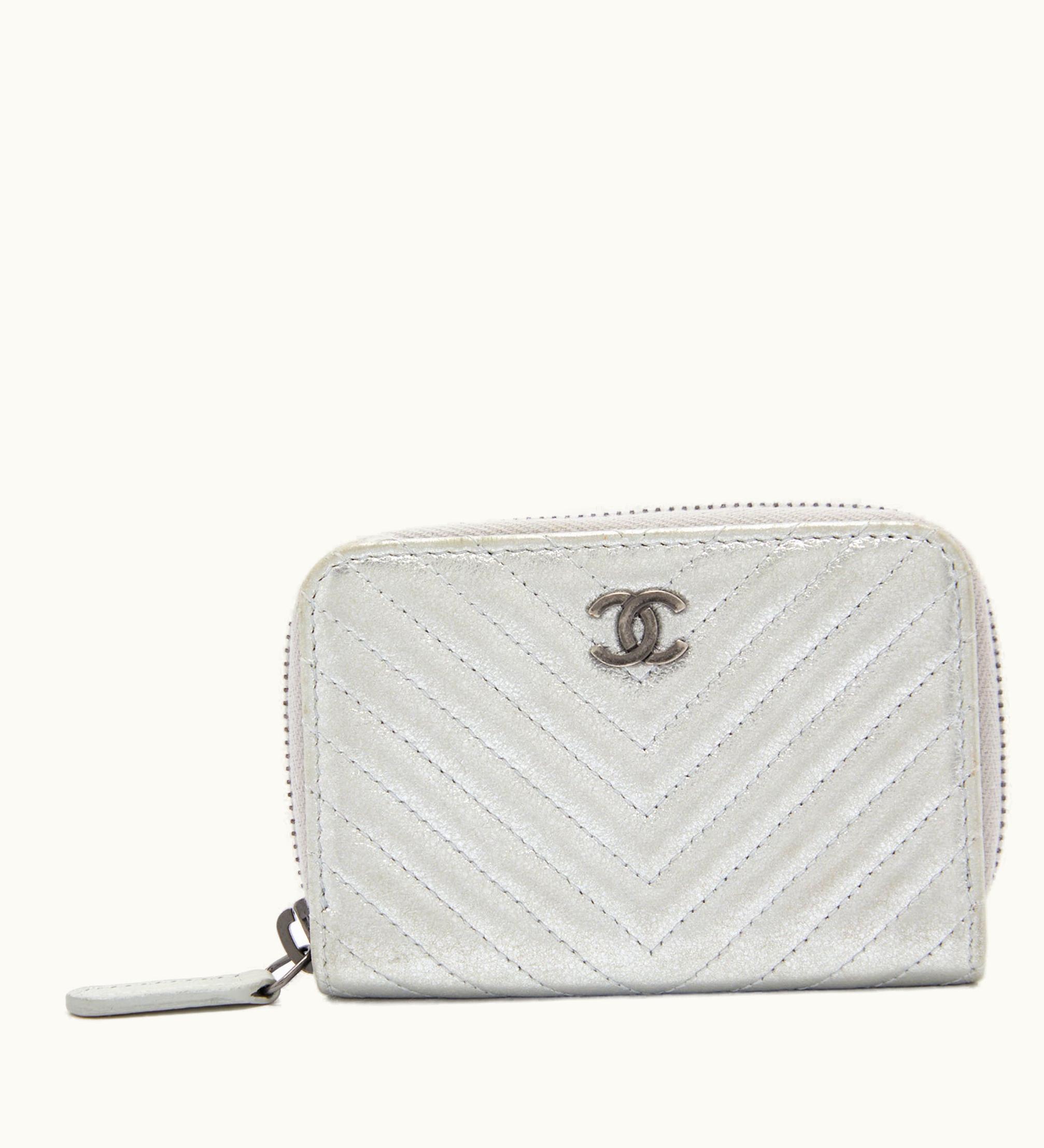 Chanel Chanel Metallic Silver Chevron Leather CC Zip Coin Purse