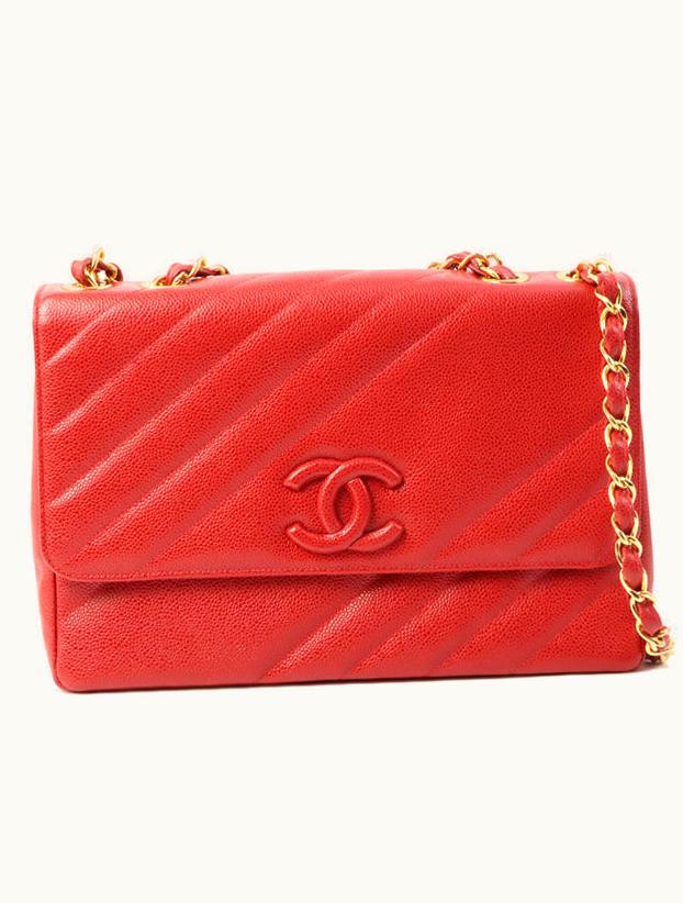 Chanel Chanel Around 1995 Made Caviar Skin CC Mark Diagonal Stitch Chain Bag Red