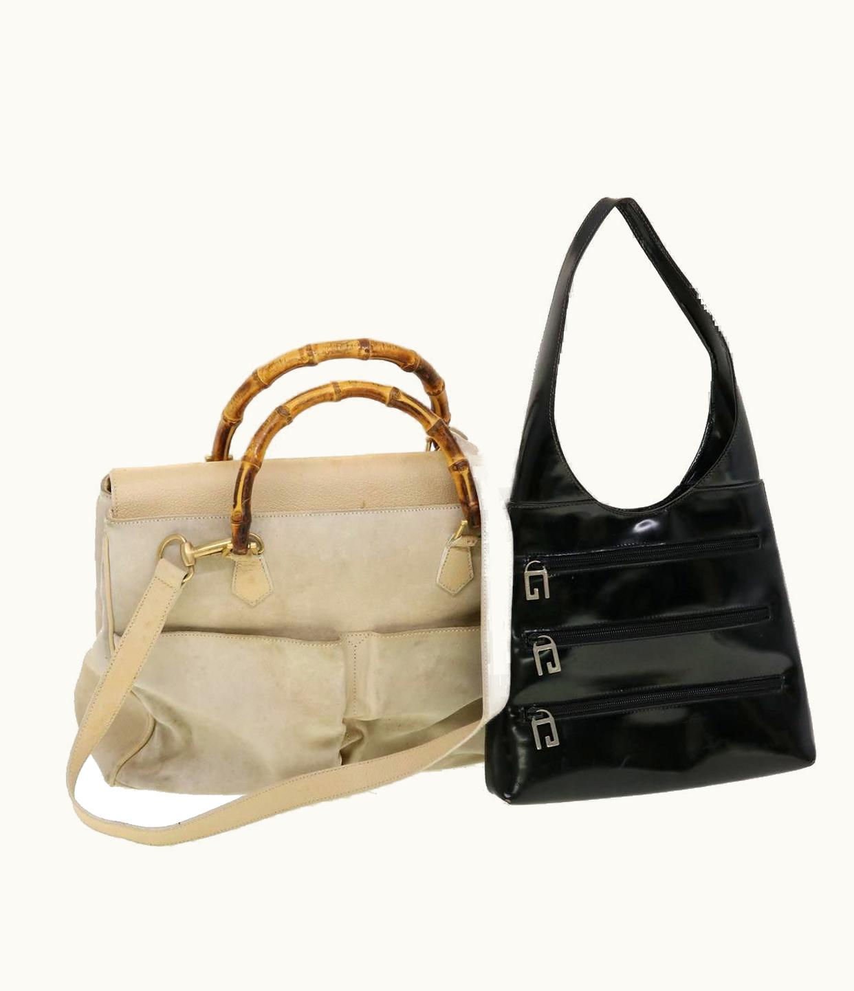 Gucci Gucci Bamboo Shoulder Bag Suede Patent Leather 2Set Black White