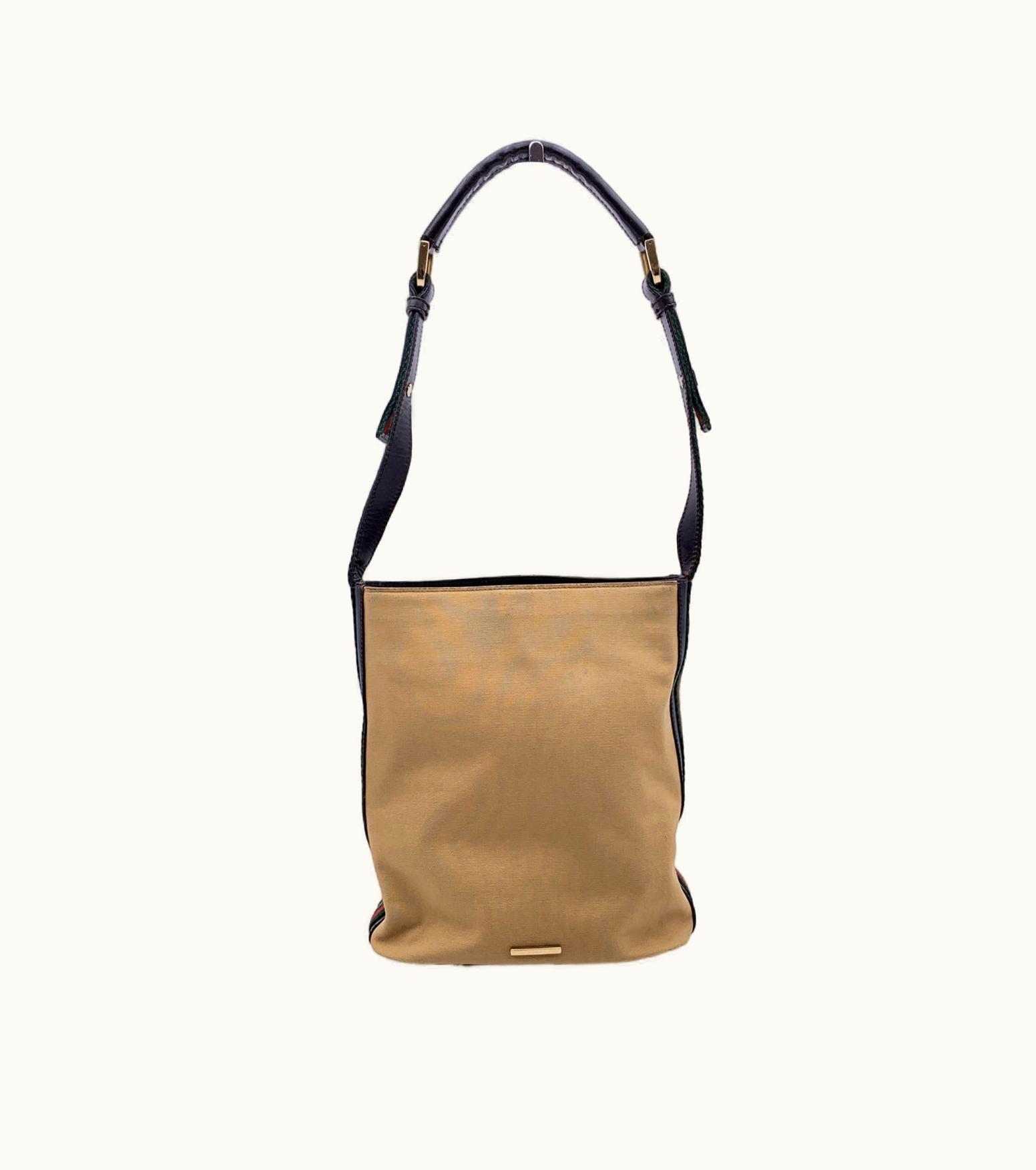 Gucci Gucci Signature Web Shoulder Bag Beige Canvas Brown Leather Green Red Gold