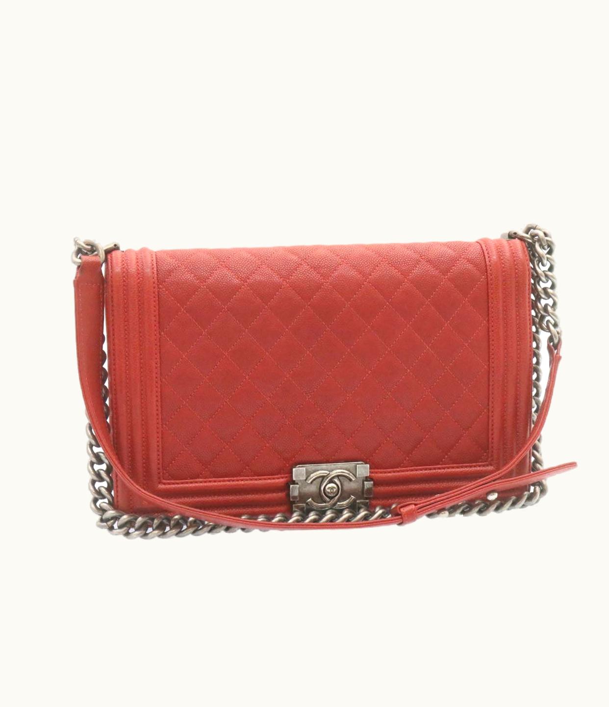 Chanel CHANEL Boy Matelasse Chain Flap Shoulder Bag Red Leather