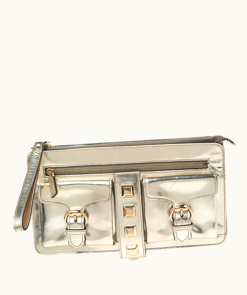 Gucci Gucci Metallic Gold Laminate Leather Studded Evening Wristlet Clutch - Golden Glamour