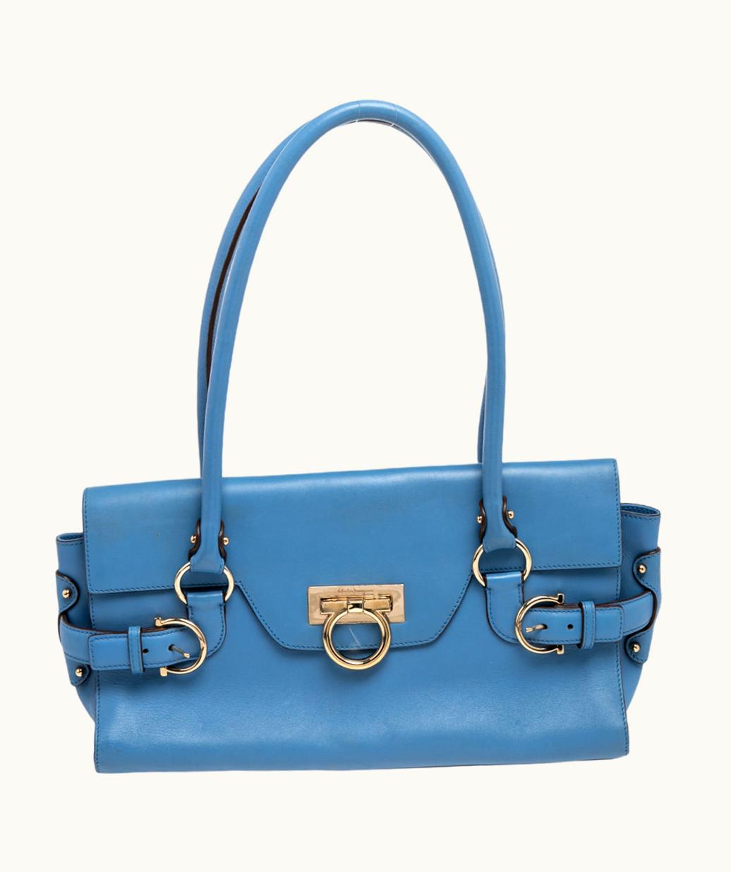 Salvatore Ferragamo Blue Leather Gancini Satchel