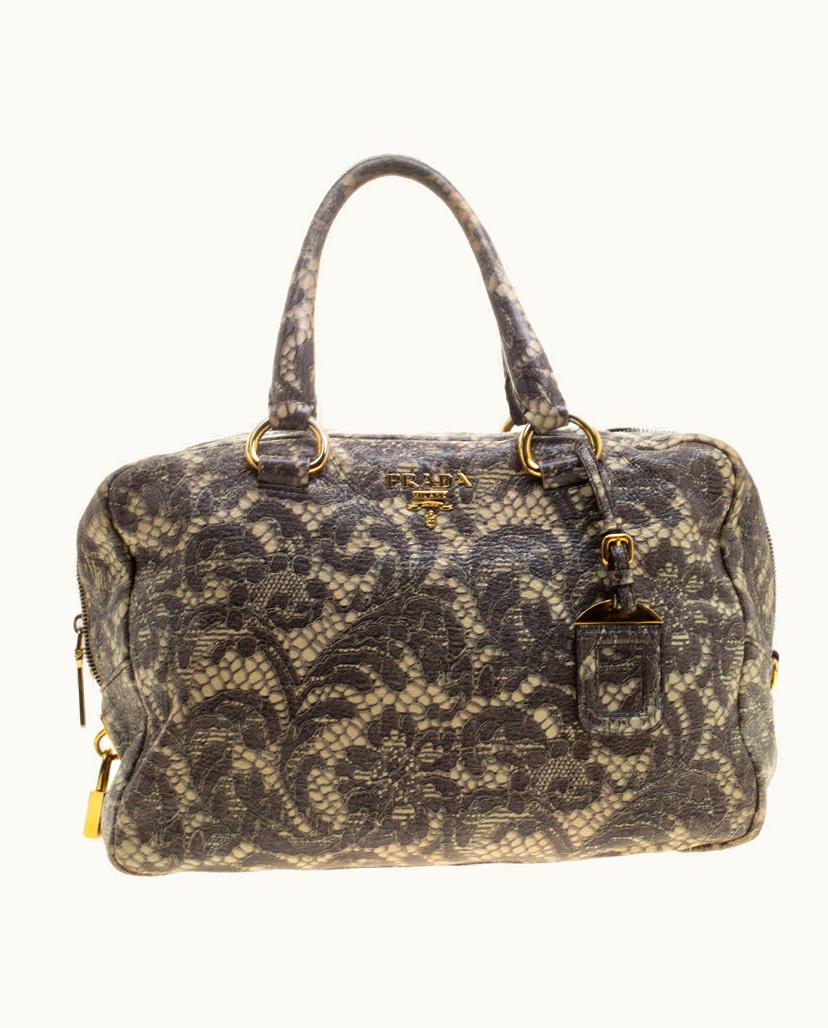 Prada Prada Beige Talco Lace Print Cervo Leather Bowling Bag