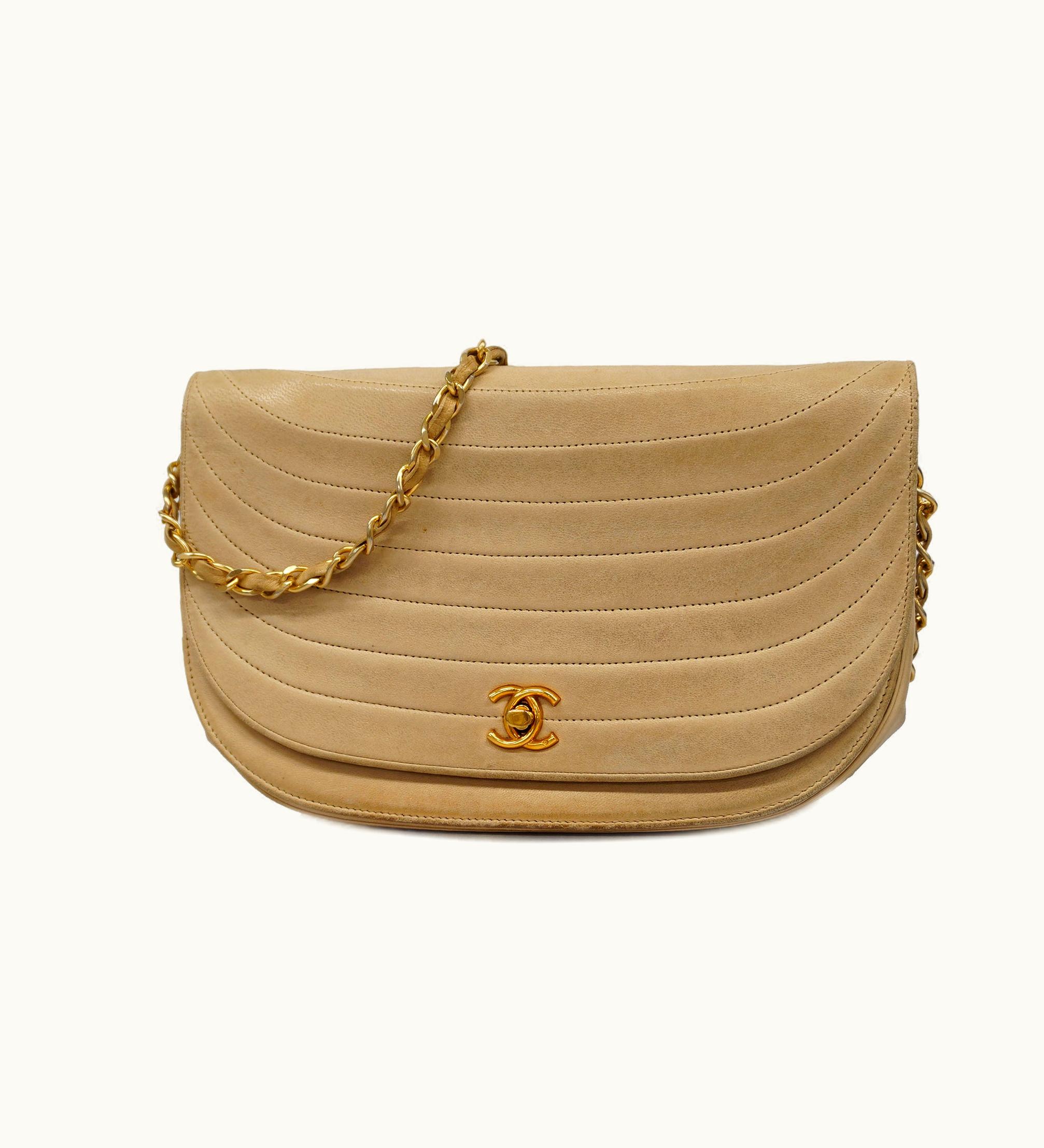 Chanel Chanel Half Moon Chain Shoulder Women's Leather Shoulder Bag Beige