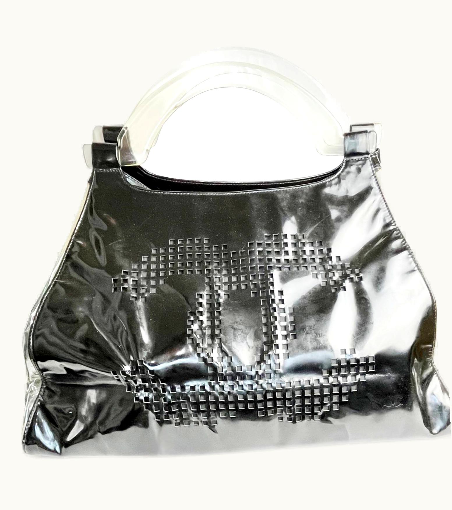 Chanel Chanel Black Patent Leather Punch Hole Clear Handle XXL Handbag