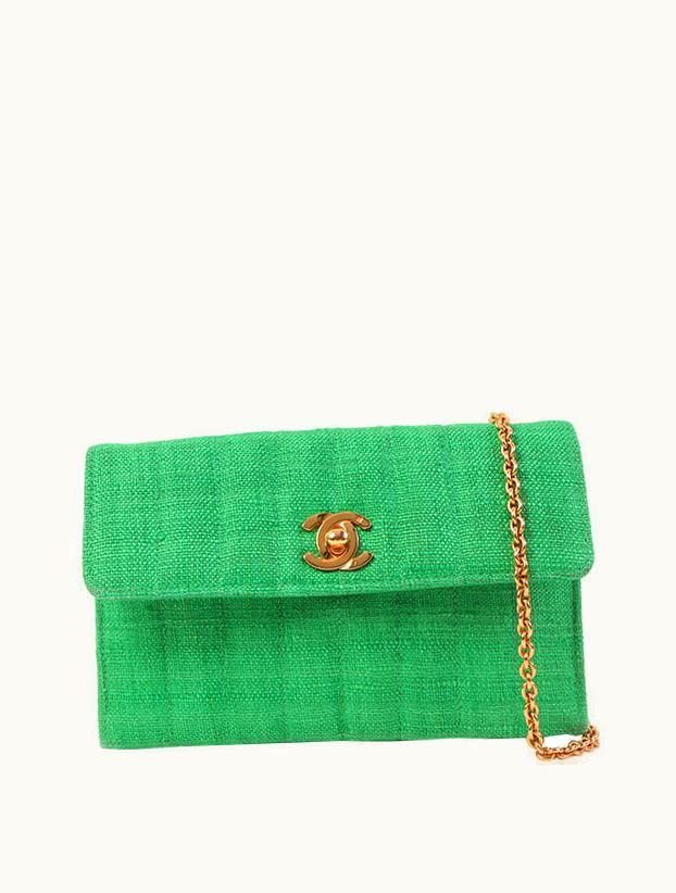 Chanel Chanel Around 1992 Made Linen Mademoiselle Stitch Turn-Lock Chain Bag Mini Green