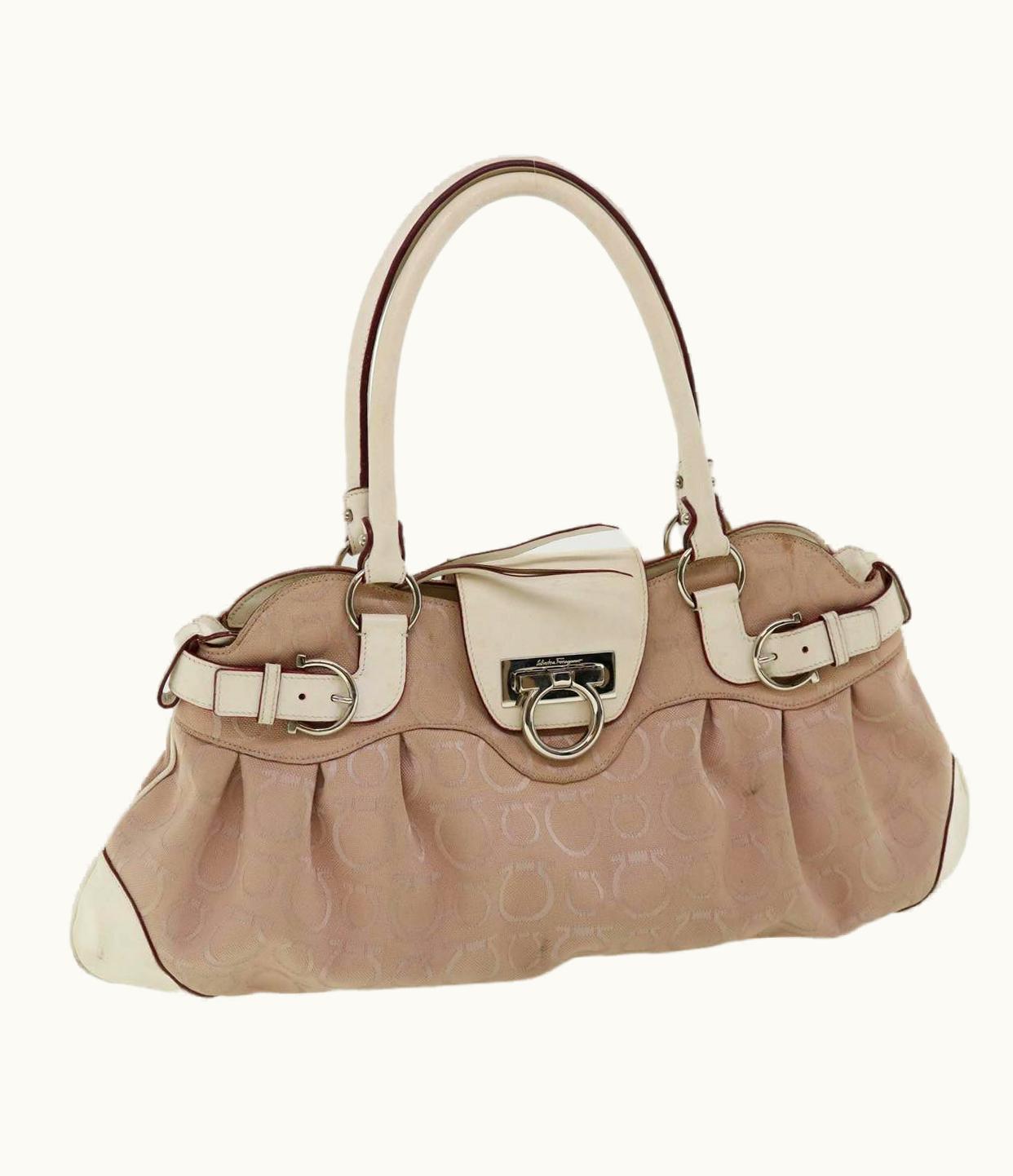 Salvatore Ferragamo Gancini Hand Bag Canvas Pink White