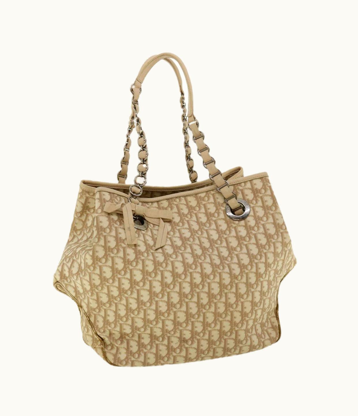 Dior Dior Christian Dior Trotter Canvas Chain Tote Bag Pvc Leather Beige