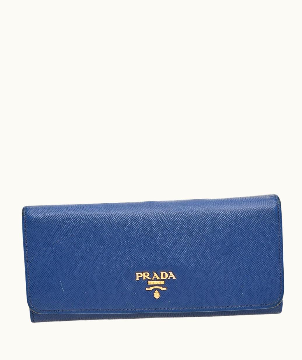 Prada Blue Saffiano Metal Leather Flap Continental Wallet