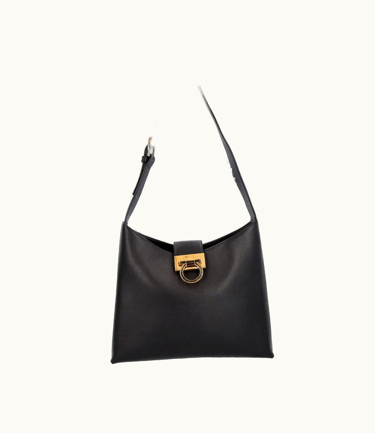 Salvatore Ferragamo Saffiano Trifolio Shoulder Bag Black