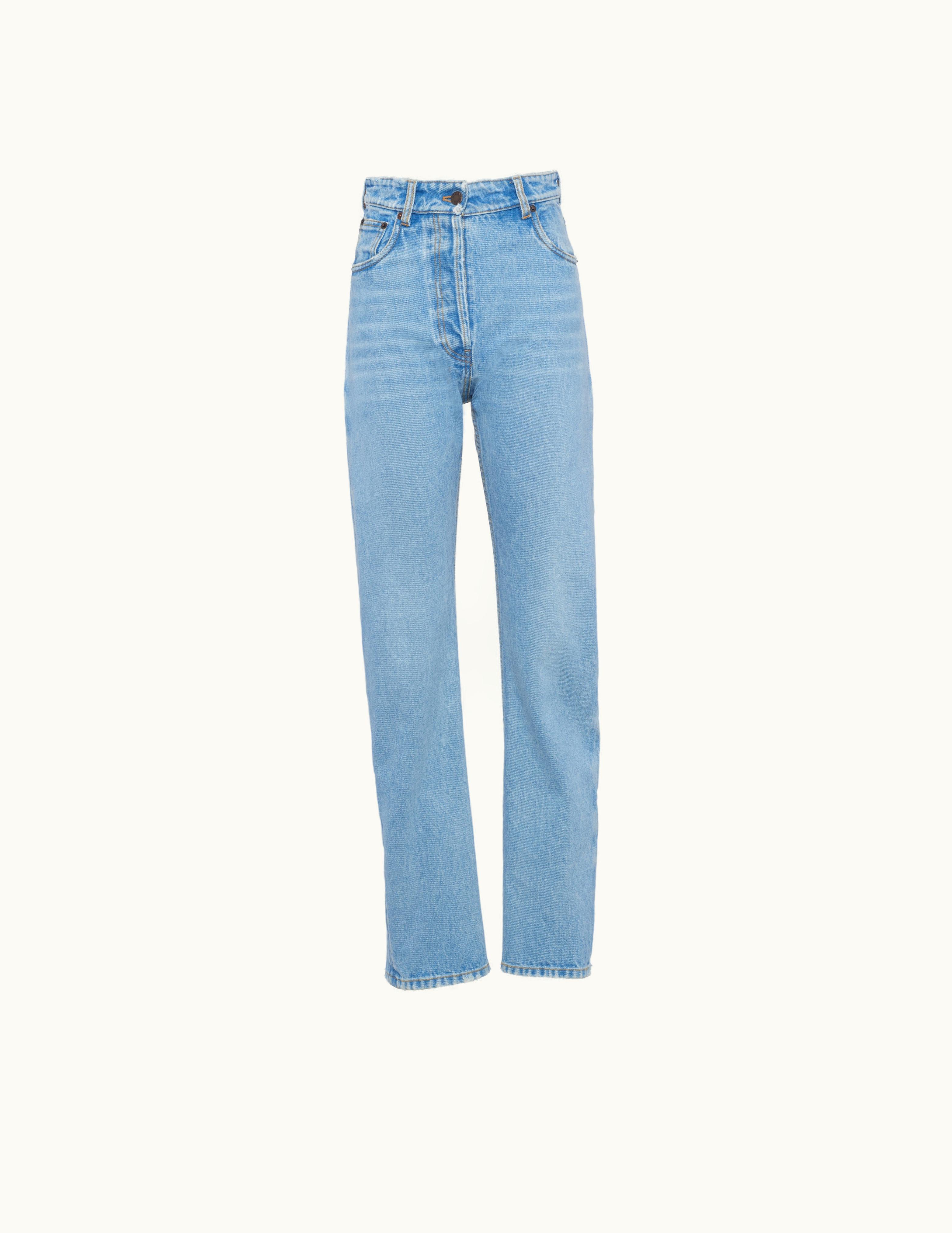 Prada Sky Blue Embroidered Logo Distressed Denim High-Waisted Jeans