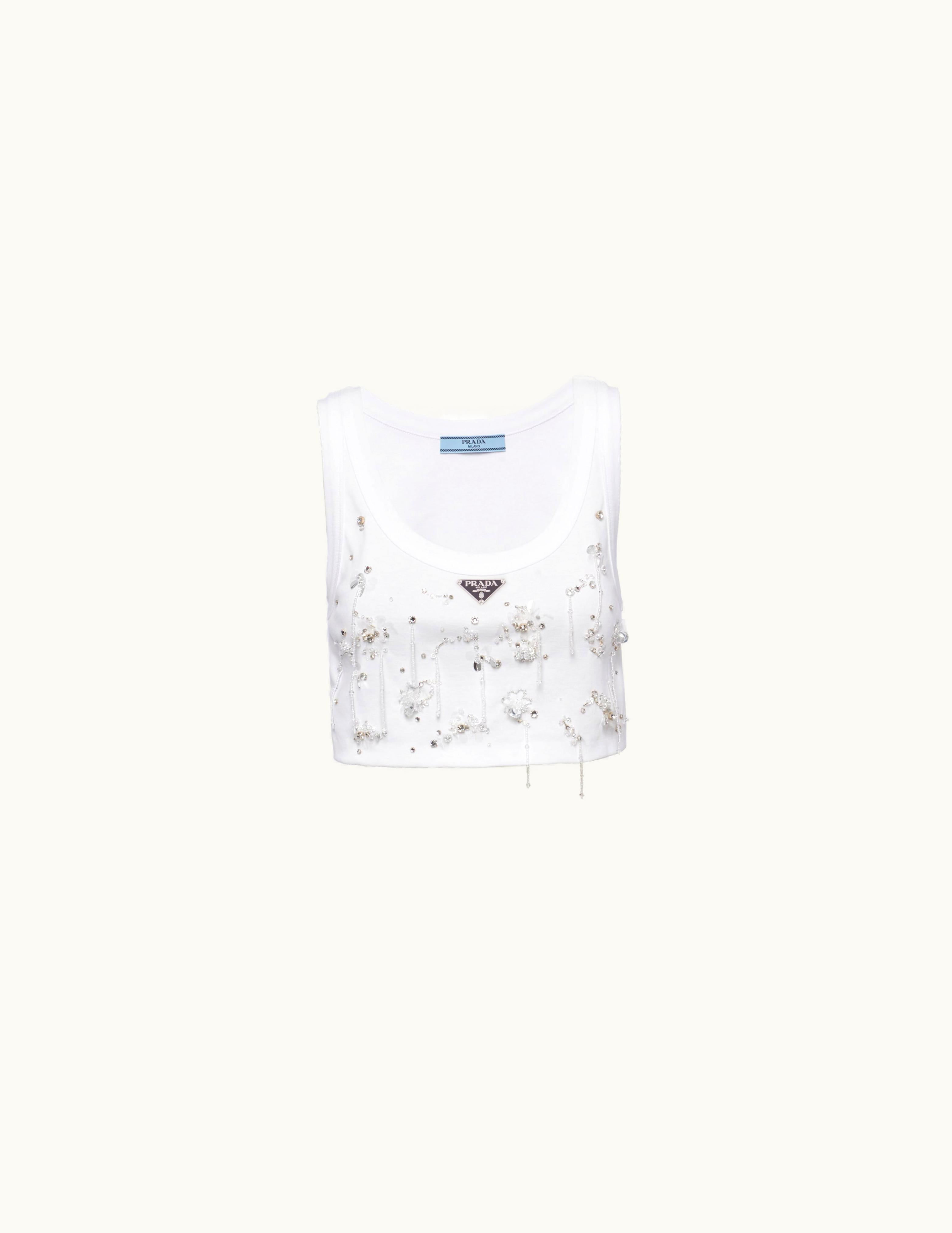Prada Prada White Embroidered Ribbed Knit Jersey Top