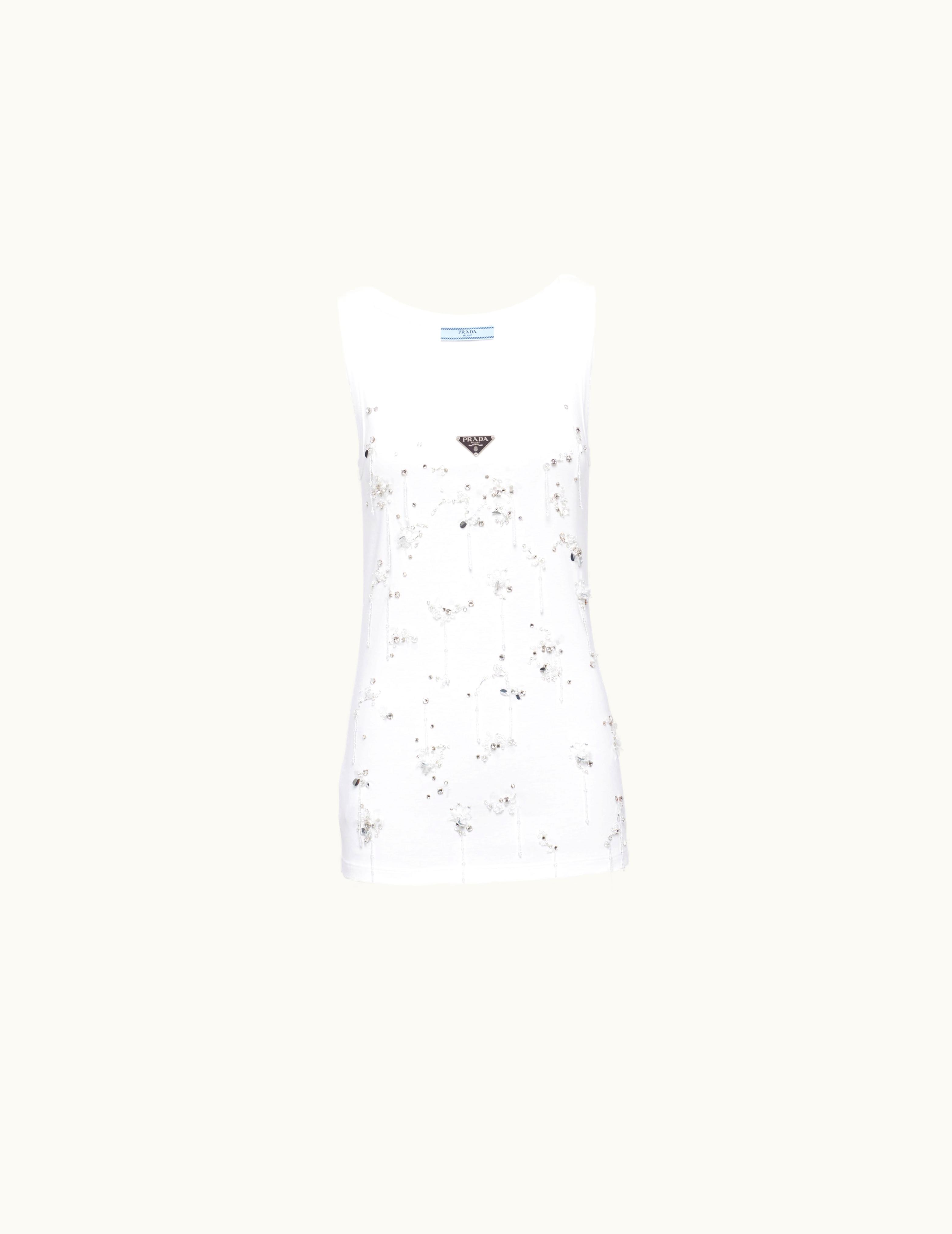 Prada Prada White Ribbed Knit Jersey Top With Embroidery