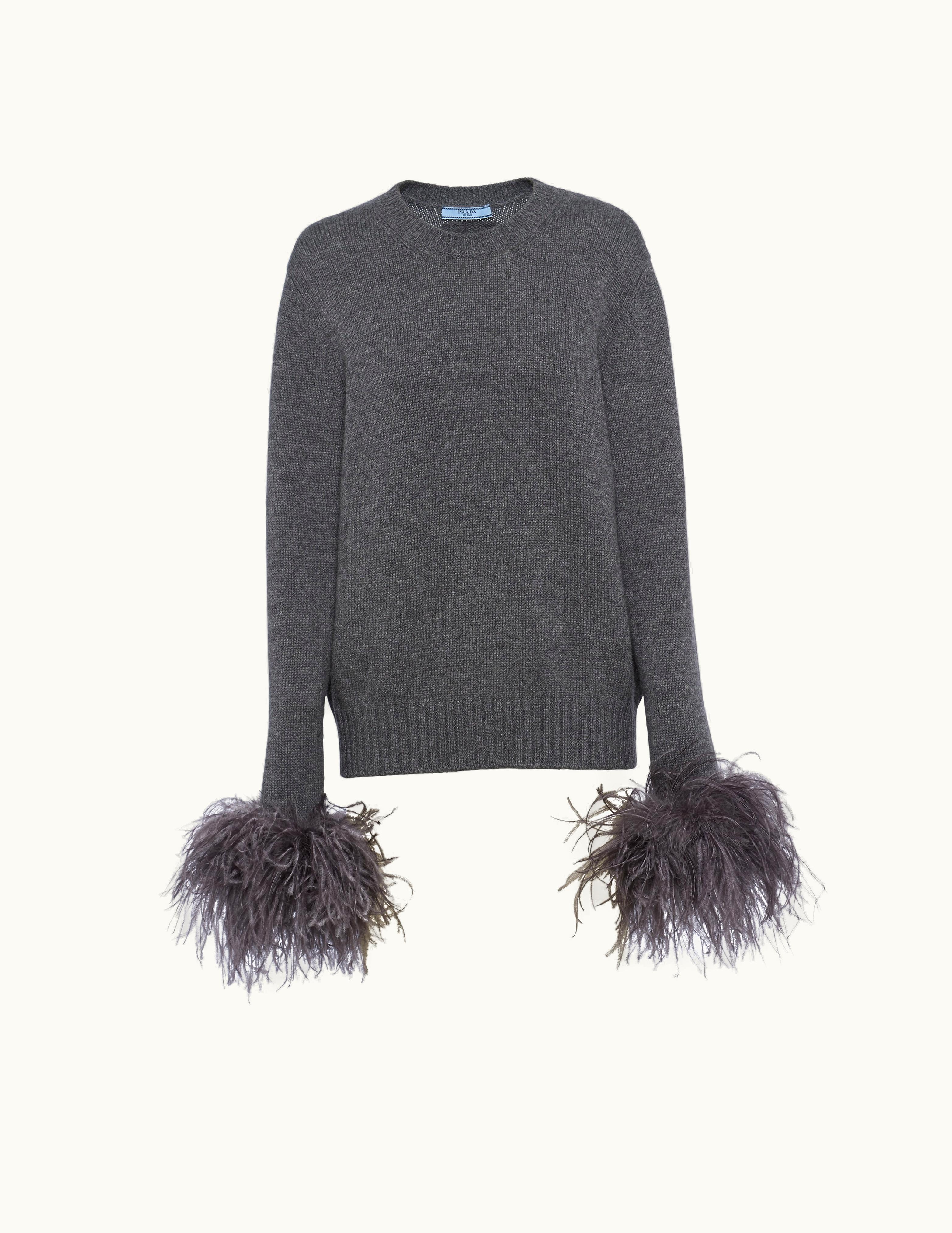 Prada Prada Slate Gray Feather-trimmed Cashmere Crew-neck Sweater