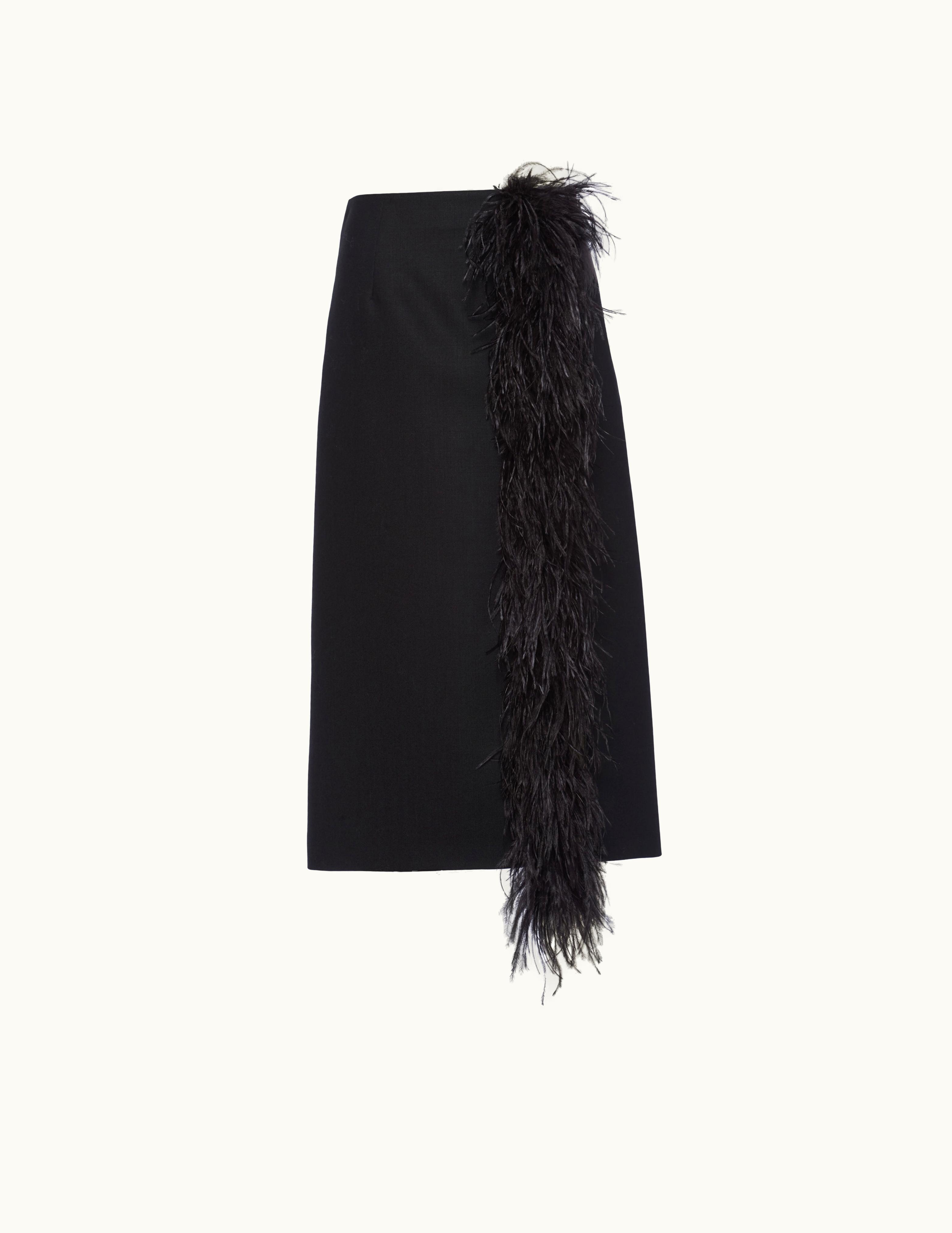 Prada Prada Black Feather-trimmed Wool Midi-skirt