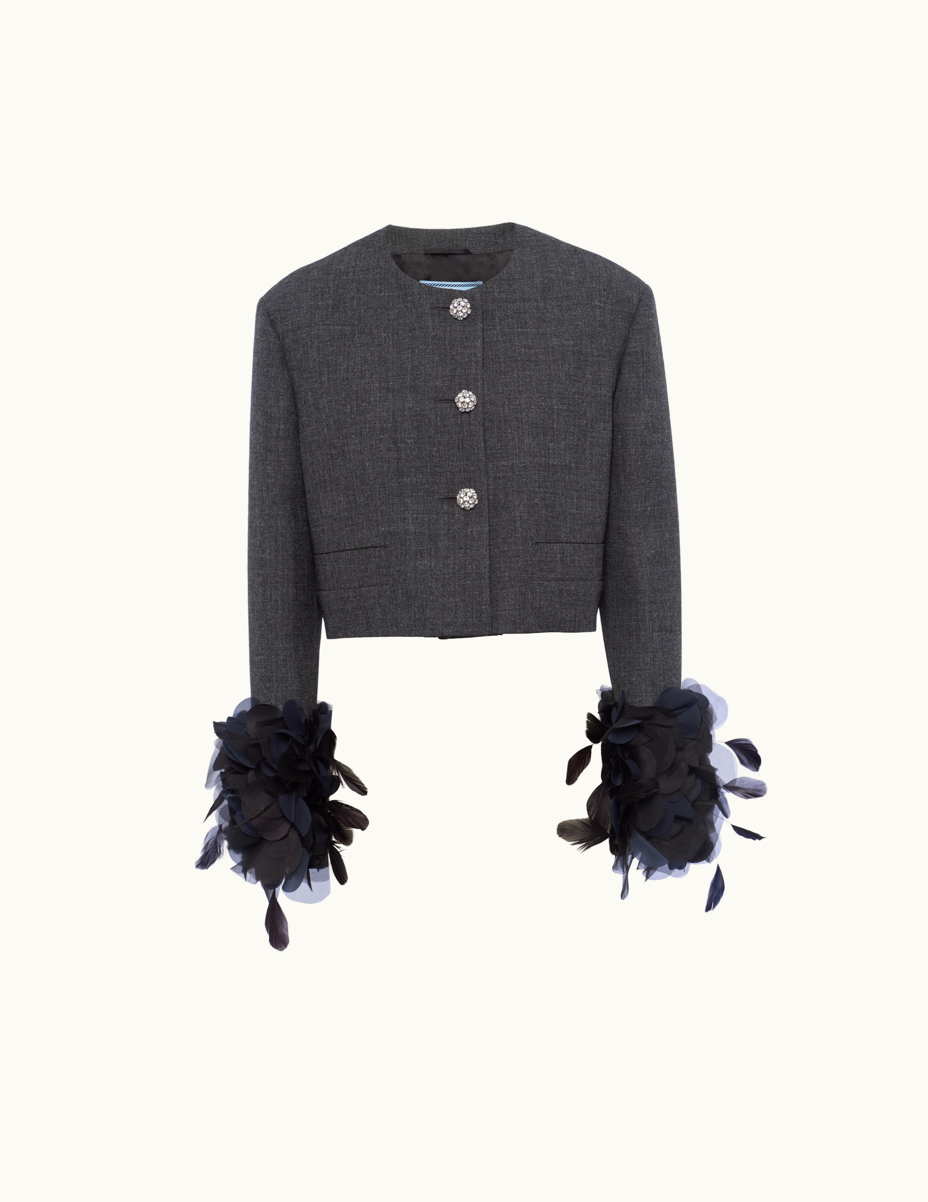 Prada Prada Slate Gray Feather-trimmed Single-breasted Wool Jacket