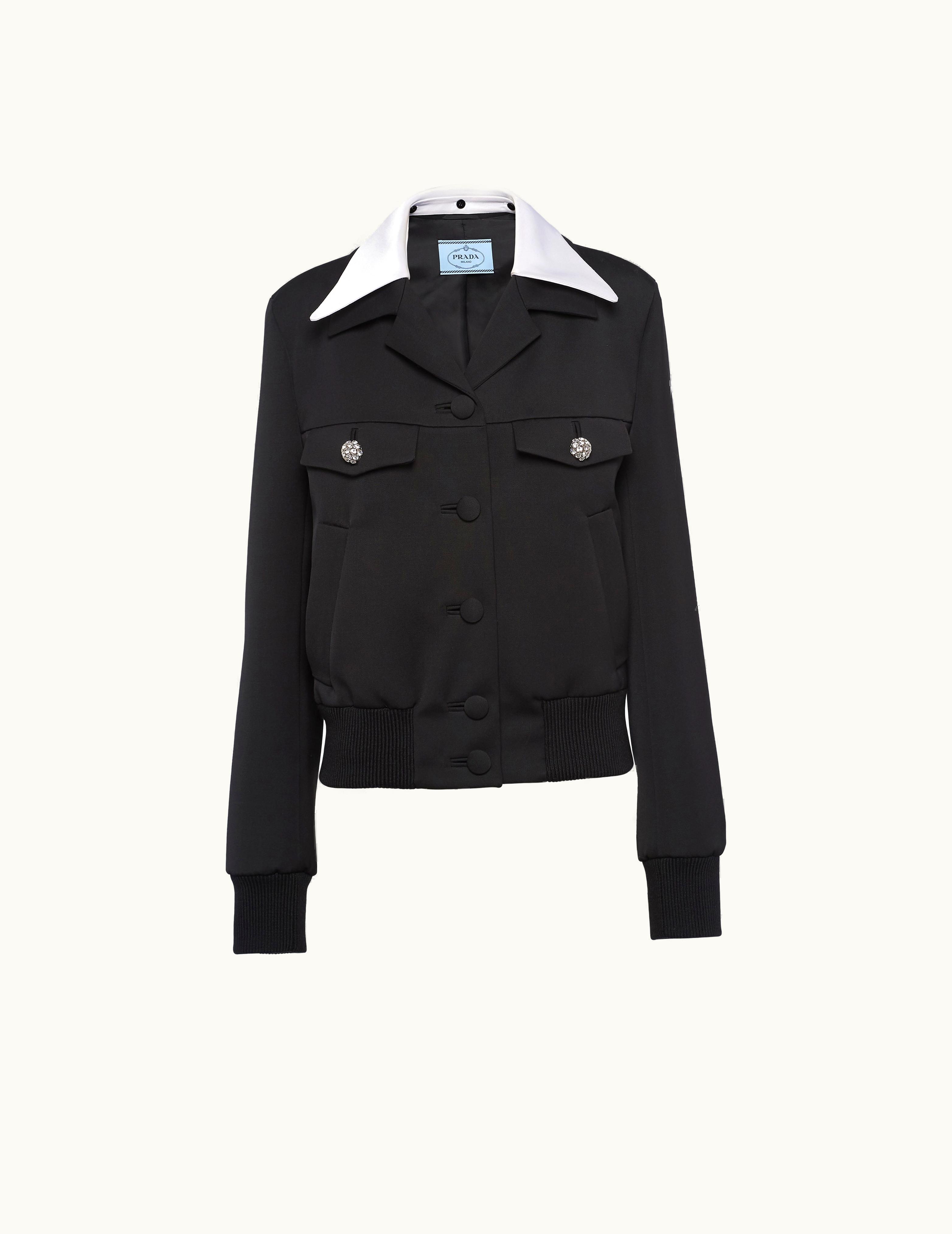 Prada Prada Black Single-breasted Wool and Satin Jacket with Removable White Satin Collar