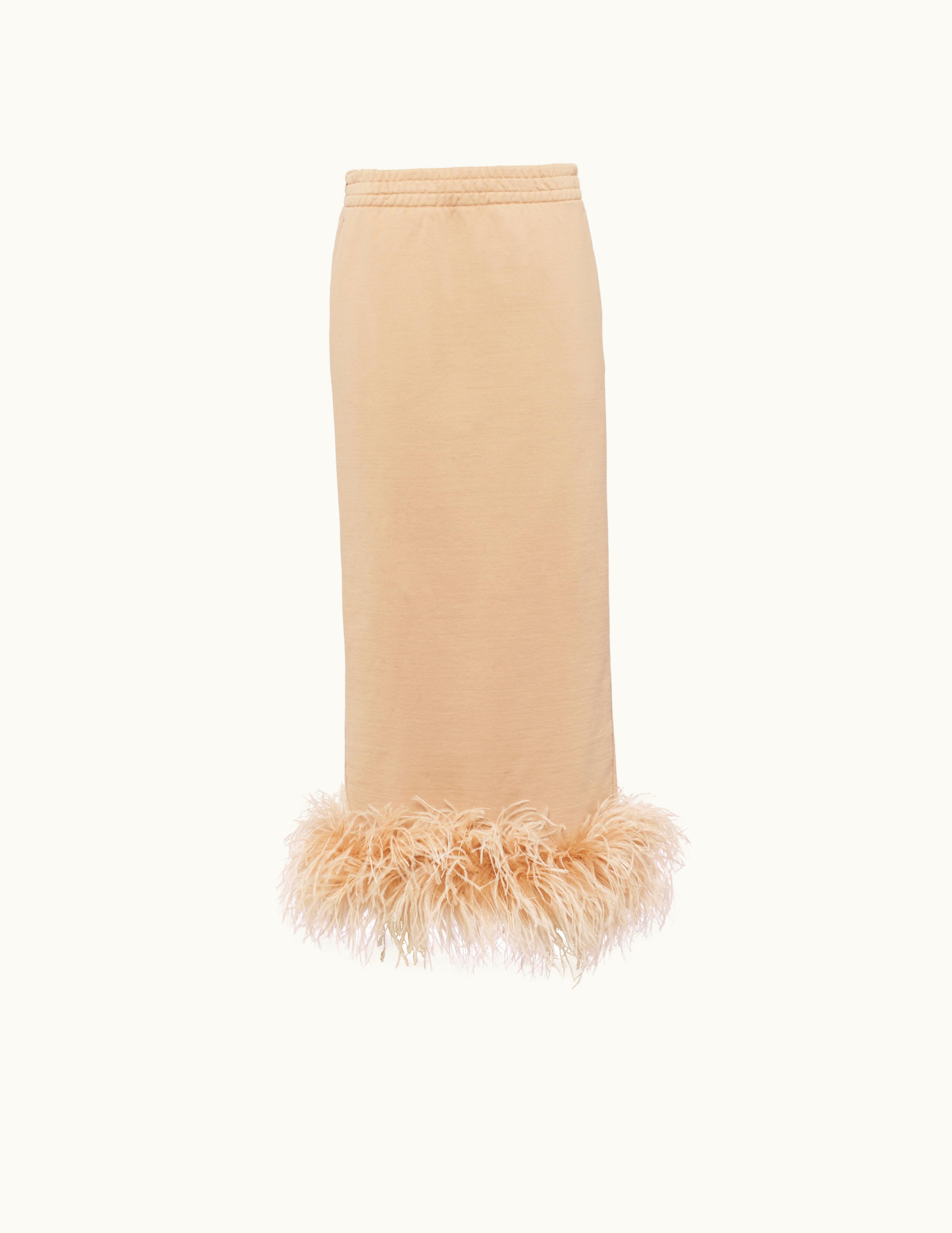 Prada Prada Albino White Cotton Fleece Skirt With Feather Trim