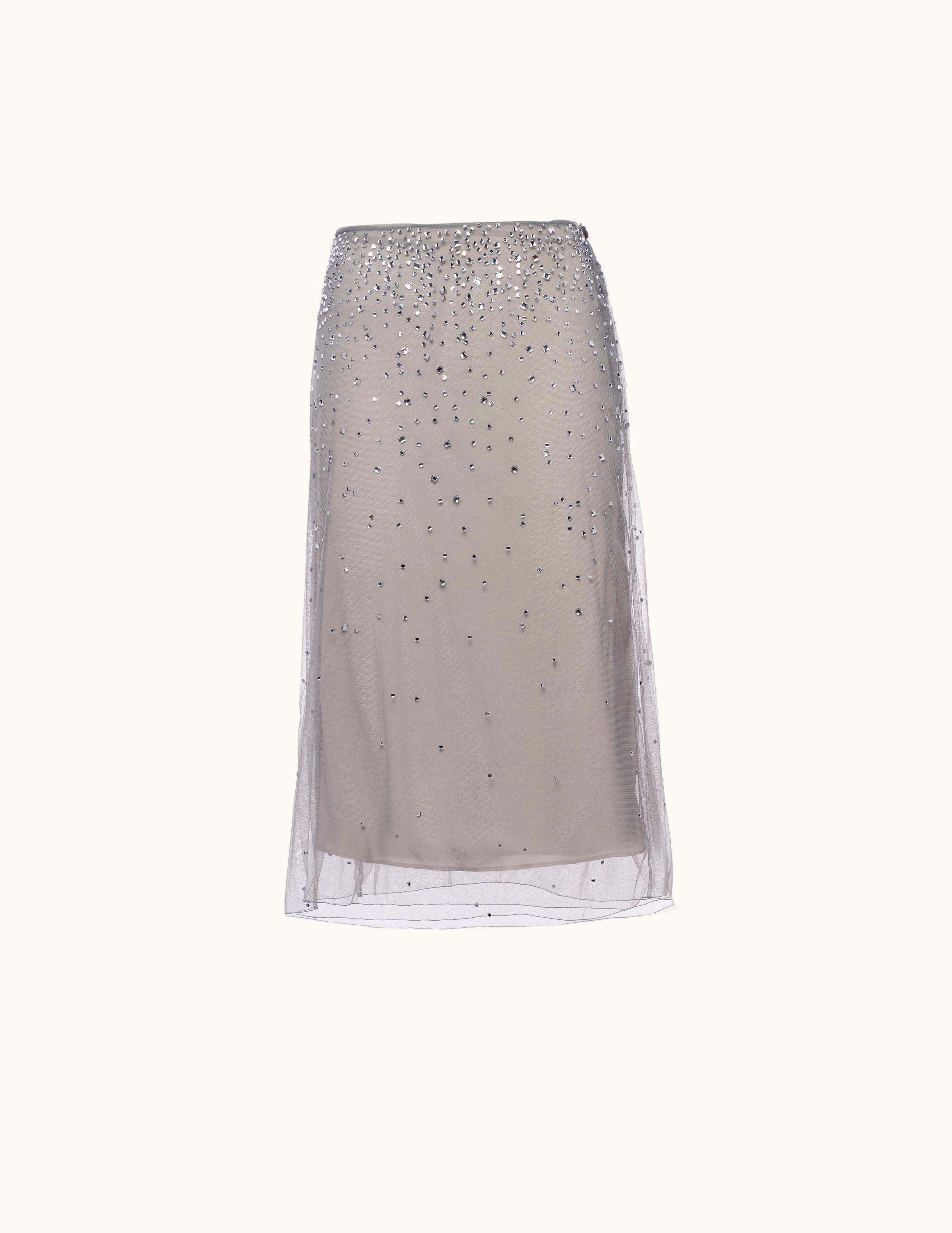Prada Prada Granite Gray Crystal-studded Tulle Midi-skirt