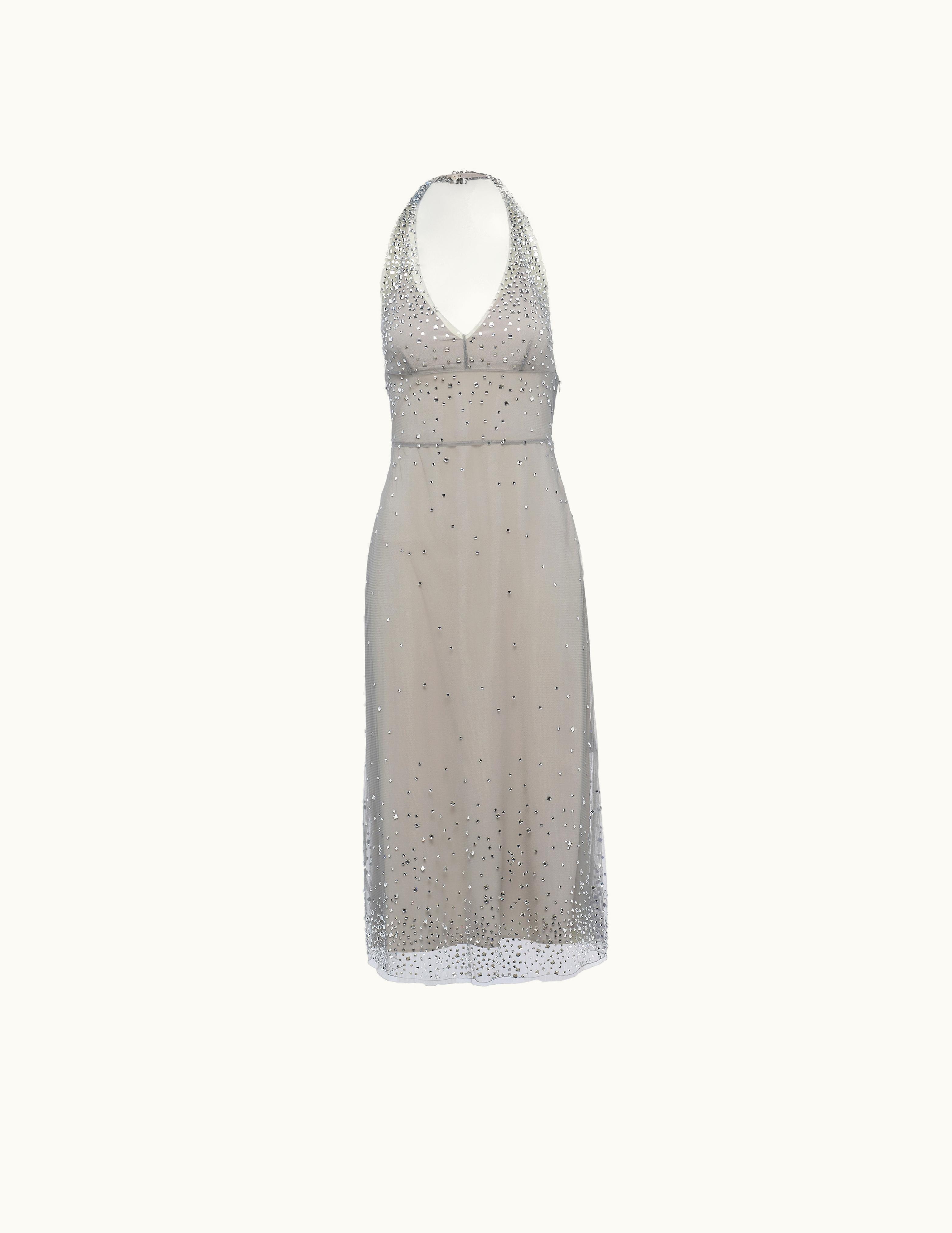 Prada Prada Granite Gray Embroidered Tulle Halter Dress
