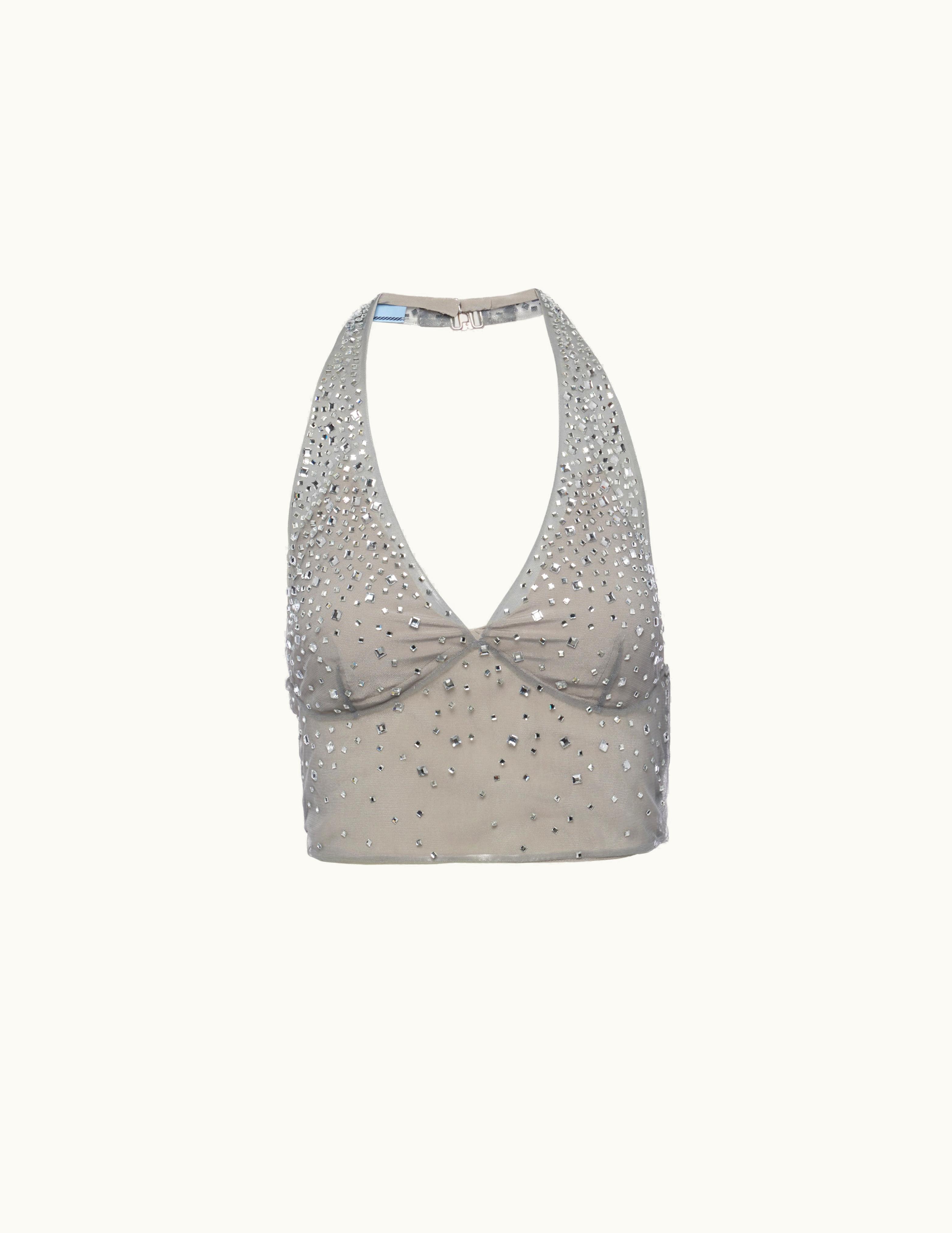 Prada Prada Granite Gray Crystal-studded Tulle Top
