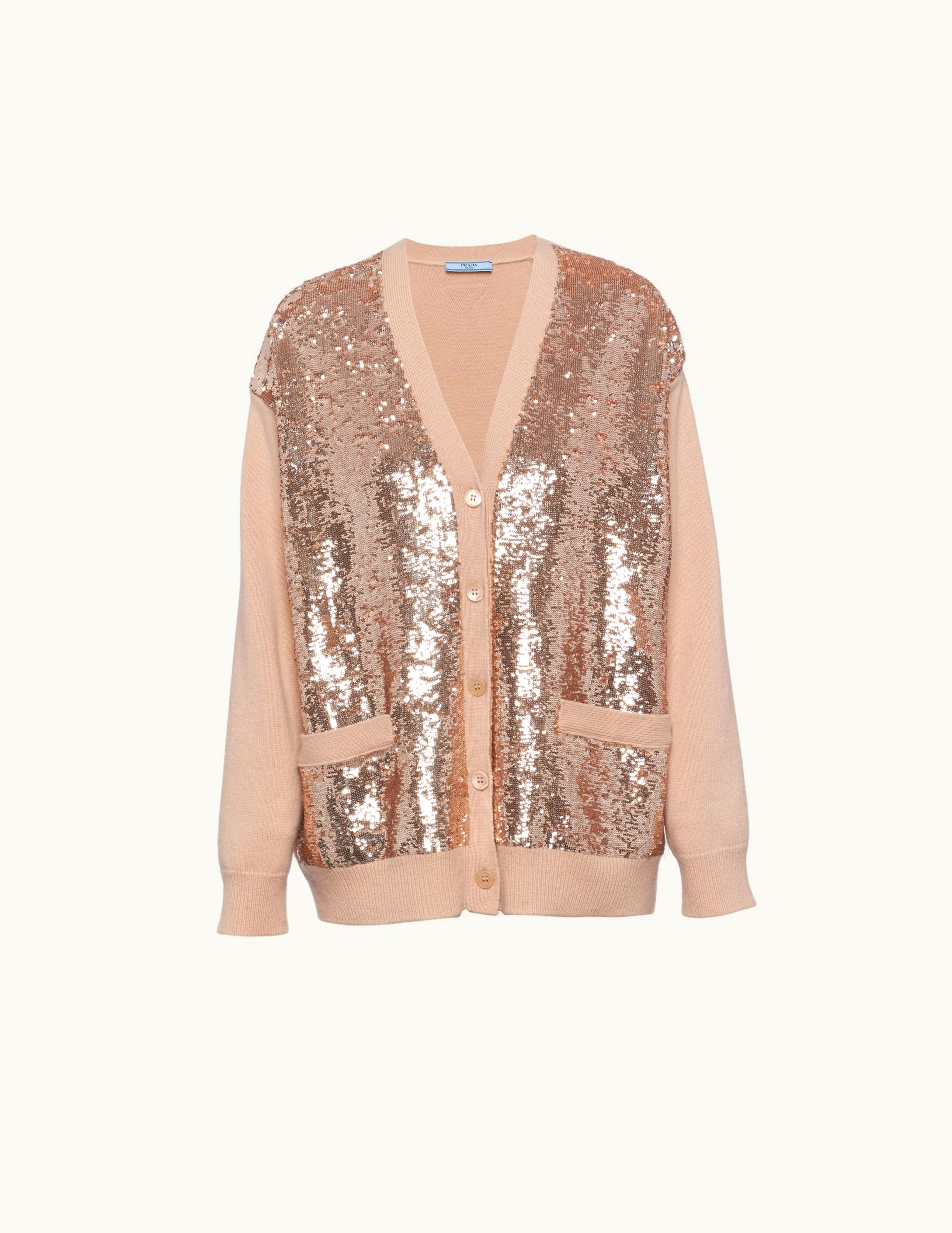 Prada Prada Nude Beige Cashmere And Wool Cardigan With Sequins
