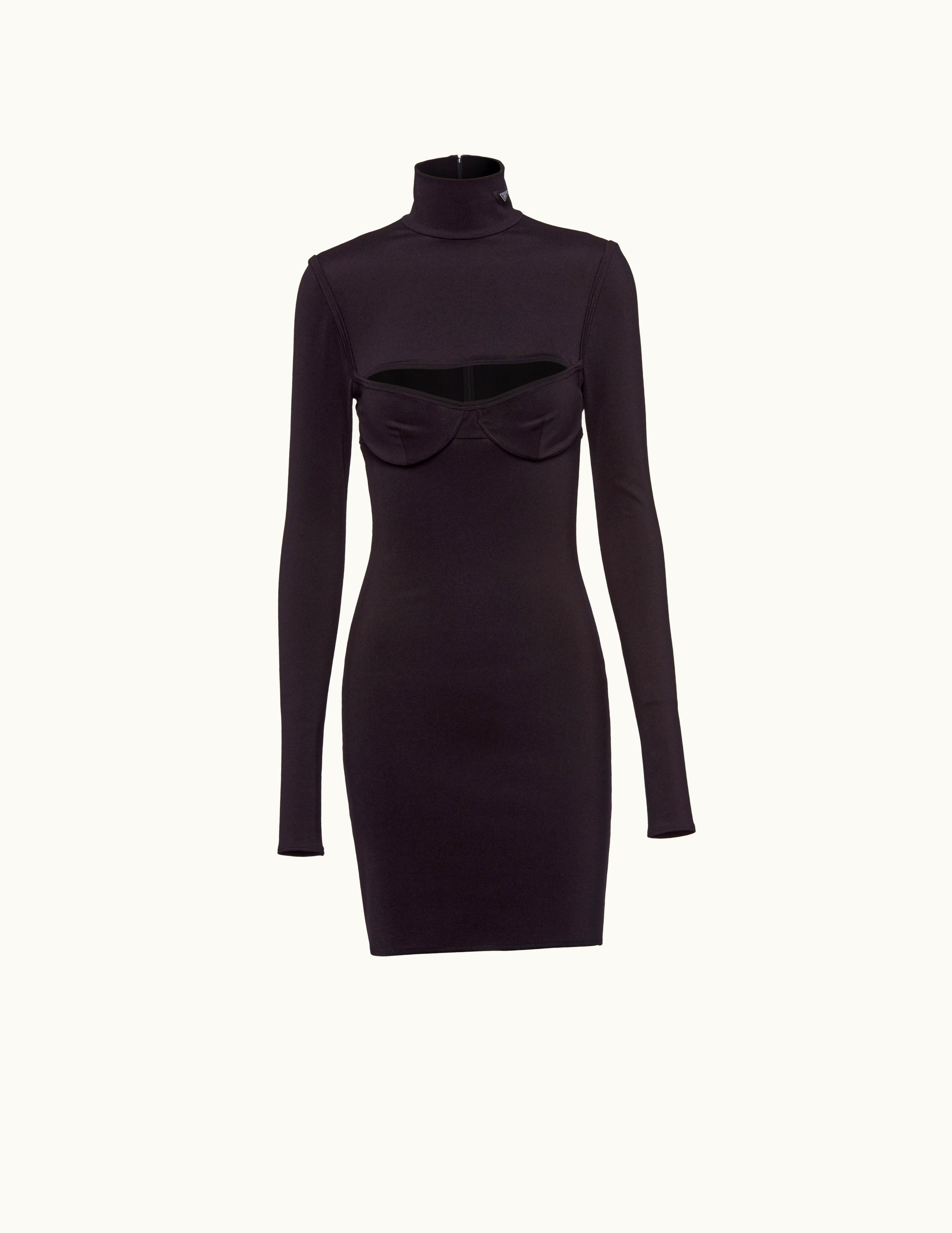 Prada Prada Sheath Dress Black Stretch Jersey Turtleneck Enameled Metal Triangle Logo