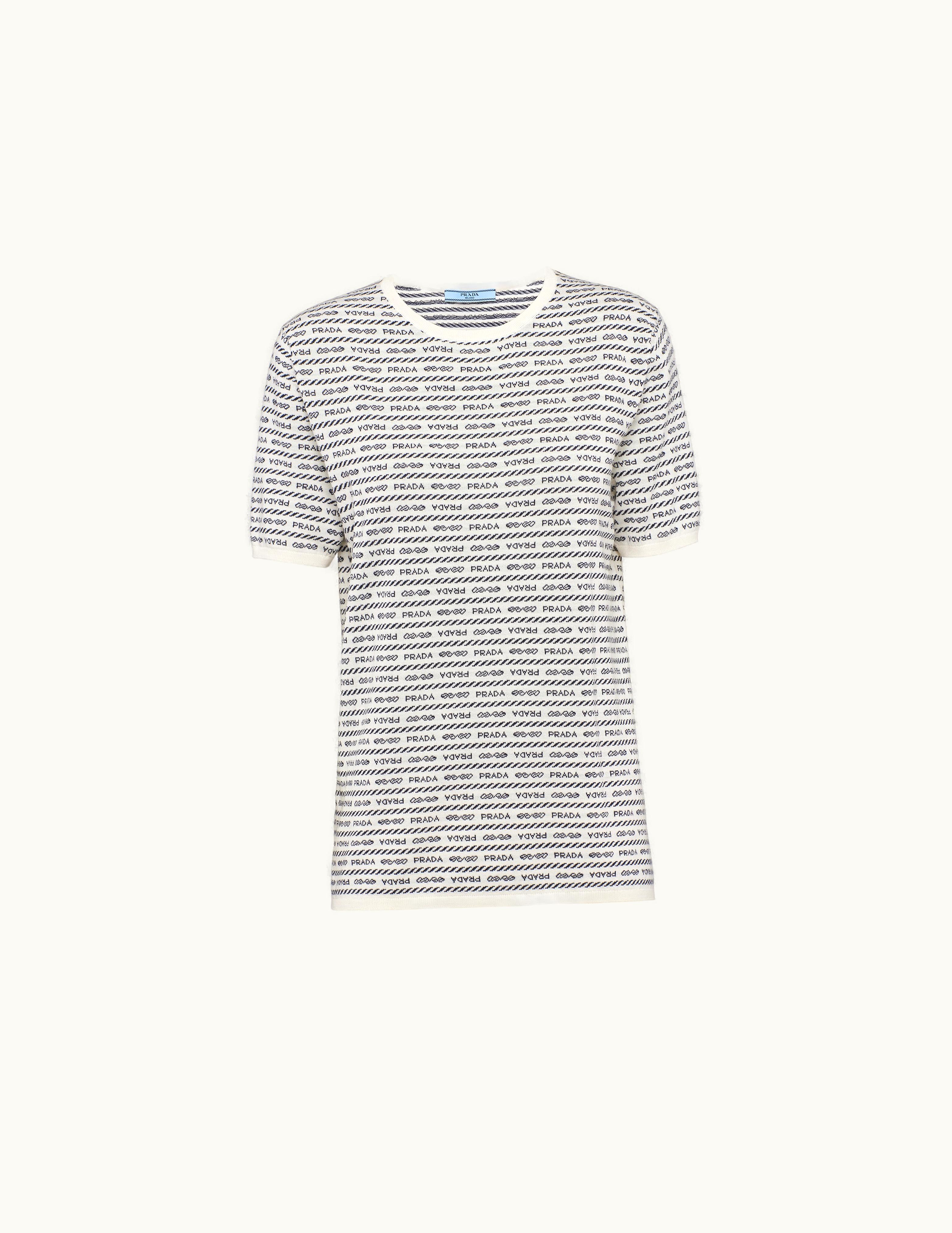 Prada Prada White / Blue Superfine Wool Sweater With Intarsia Logo