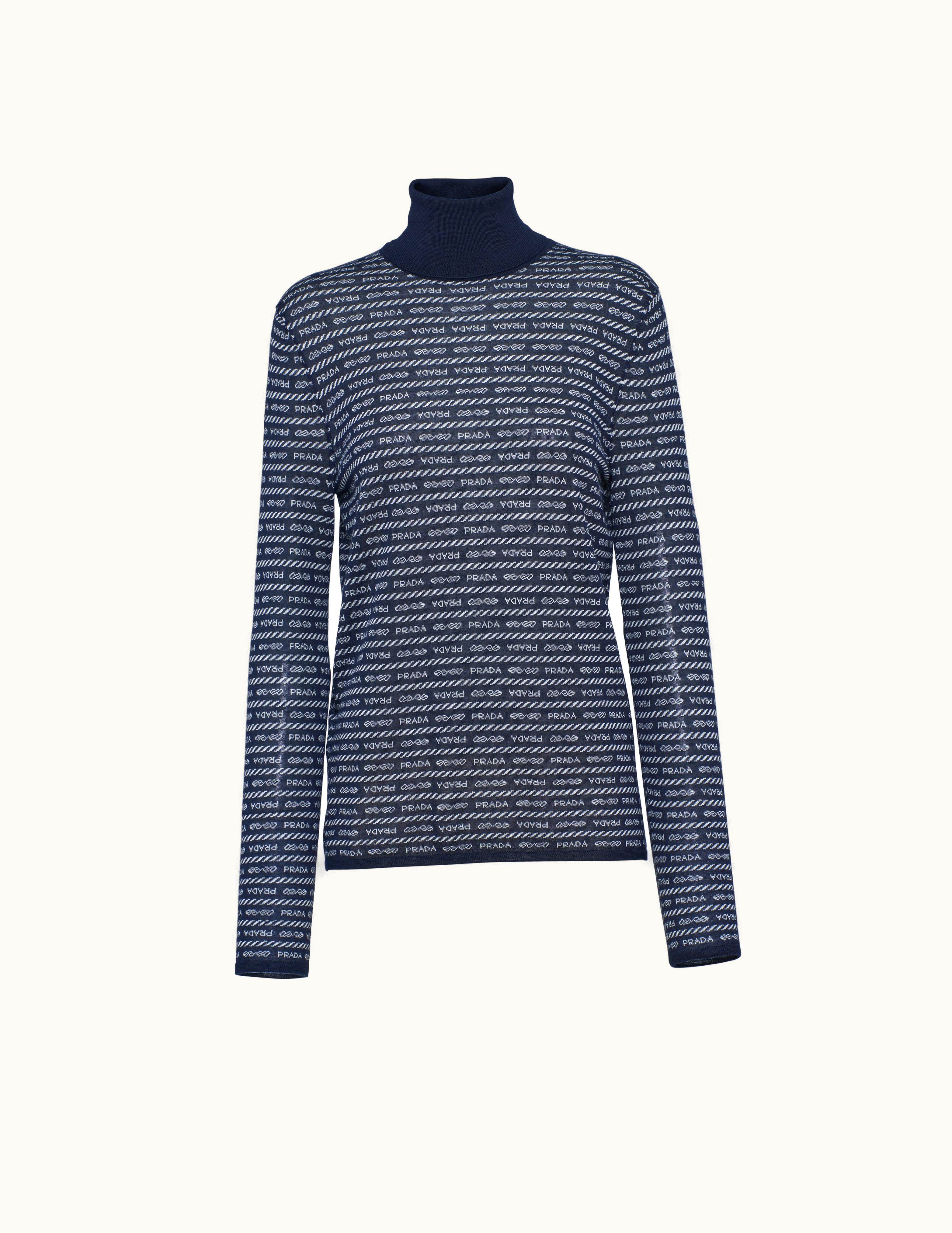Prada Prada Blue / White Superfine Wool Turtleneck Sweater With Intarsia Logo