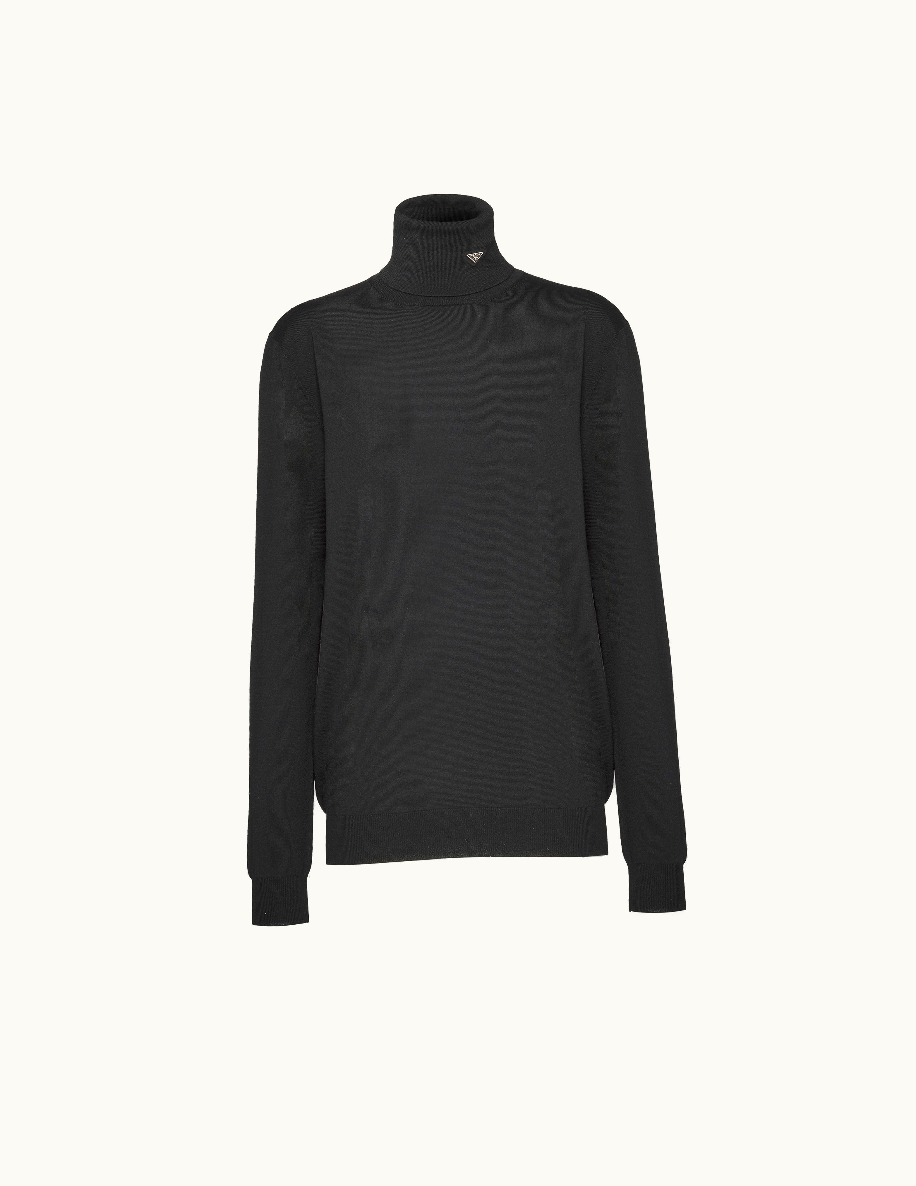 Prada Prada Triangle Appliqué Black Wool Turtleneck Sweater